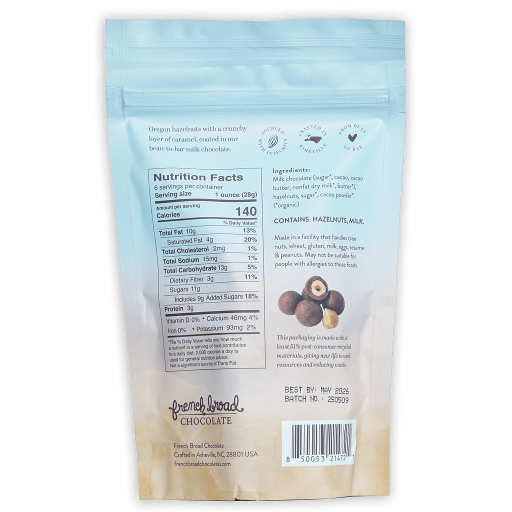 French Broad light blue beige resealable pouch of milk chocolate hazelnut candies