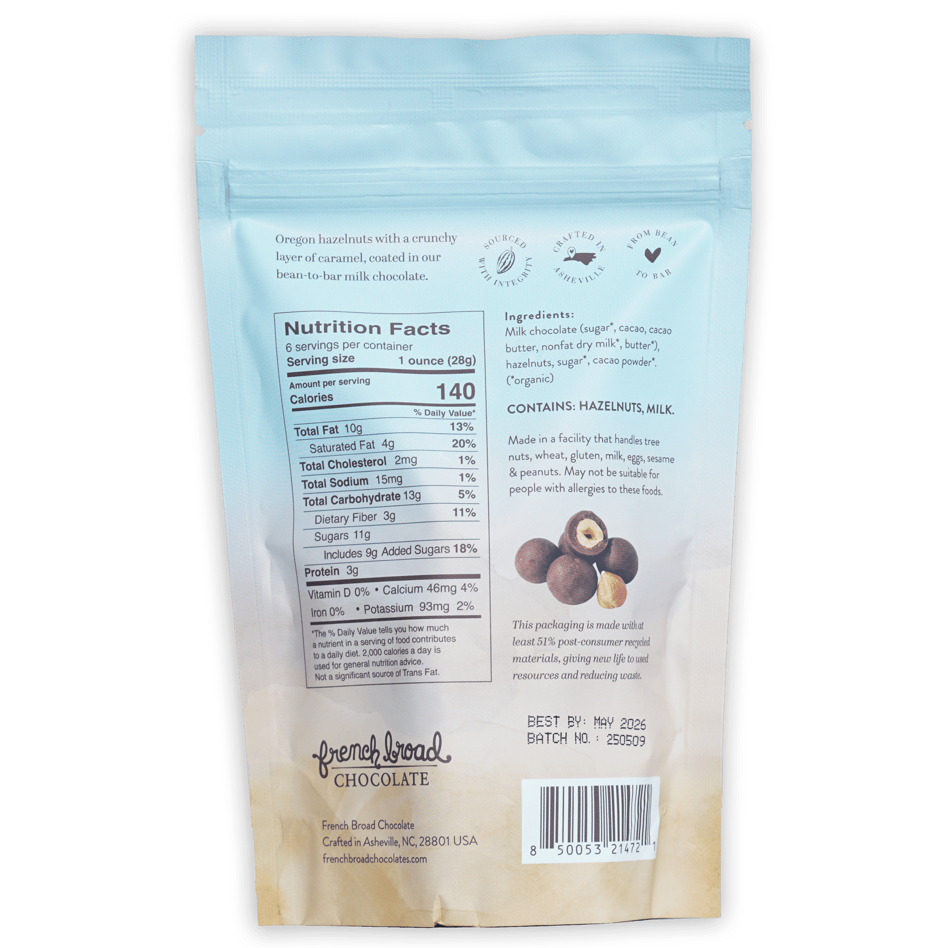 French Broad light blue beige resealable pouch of milk chocolate hazelnut candies