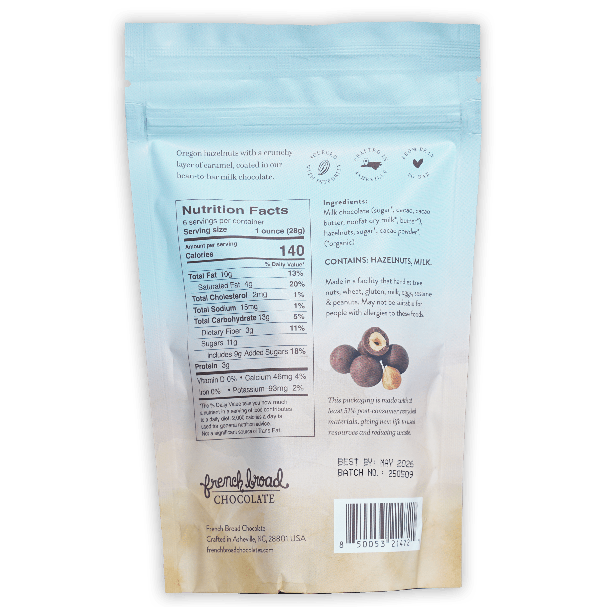 French Broad light blue beige resealable pouch of milk chocolate hazelnut candies