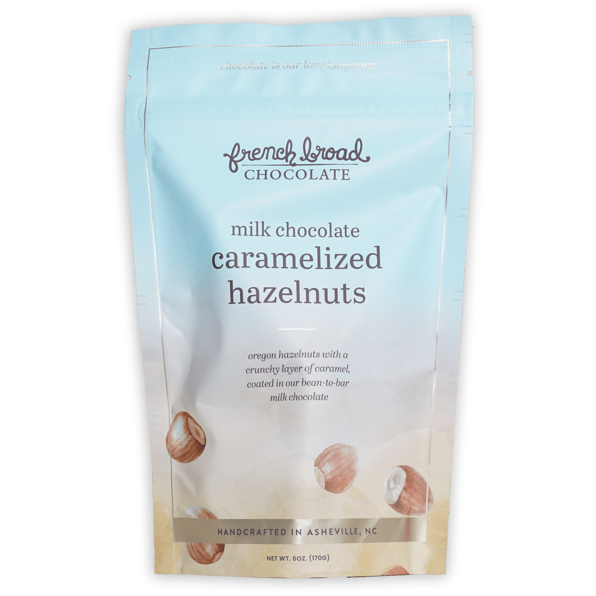 French Broad milk chocolate caramelized hazelnuts pouch, Asheville NC