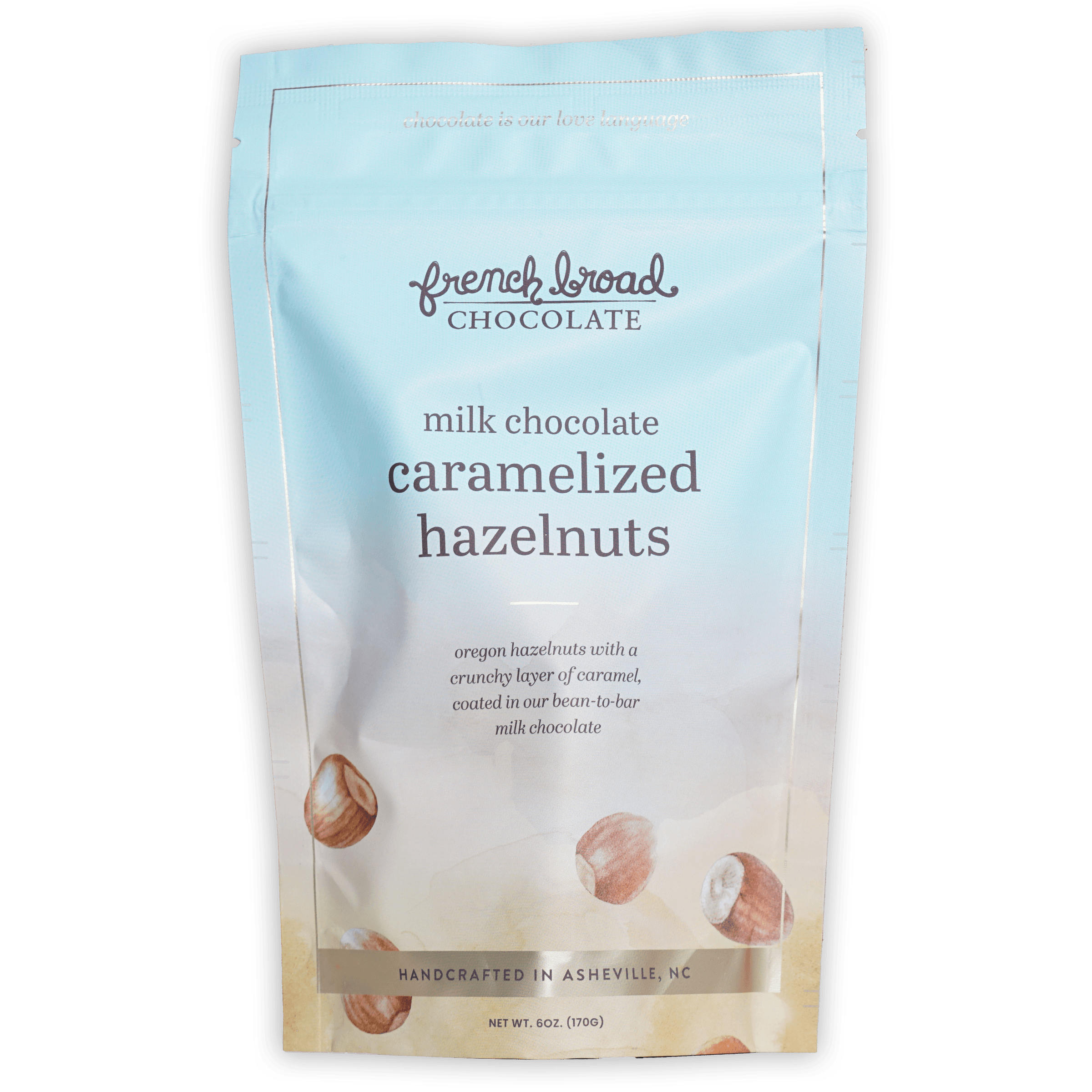 French Broad milk chocolate caramelized hazelnuts pouch, Asheville NC