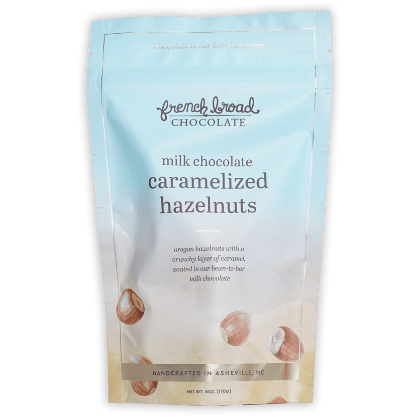 French Broad milk chocolate caramelized hazelnuts pouch, Asheville NC