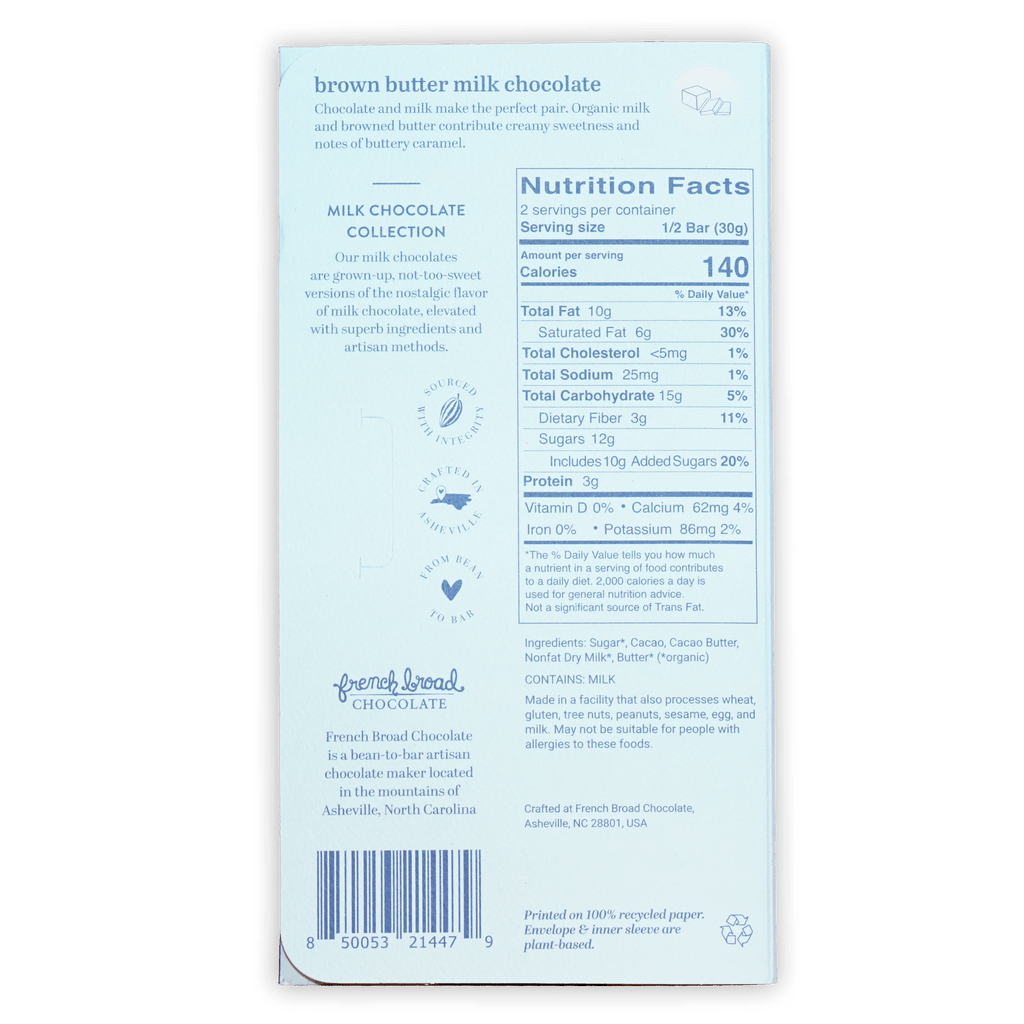 French Broad milk chocolate bar with brown butter 45% package
