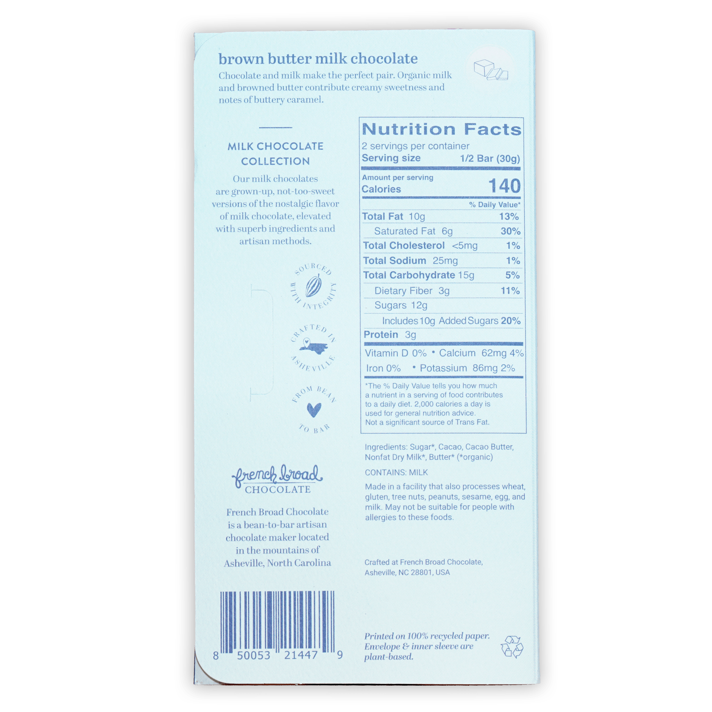 French Broad milk chocolate bar with brown butter 45% package