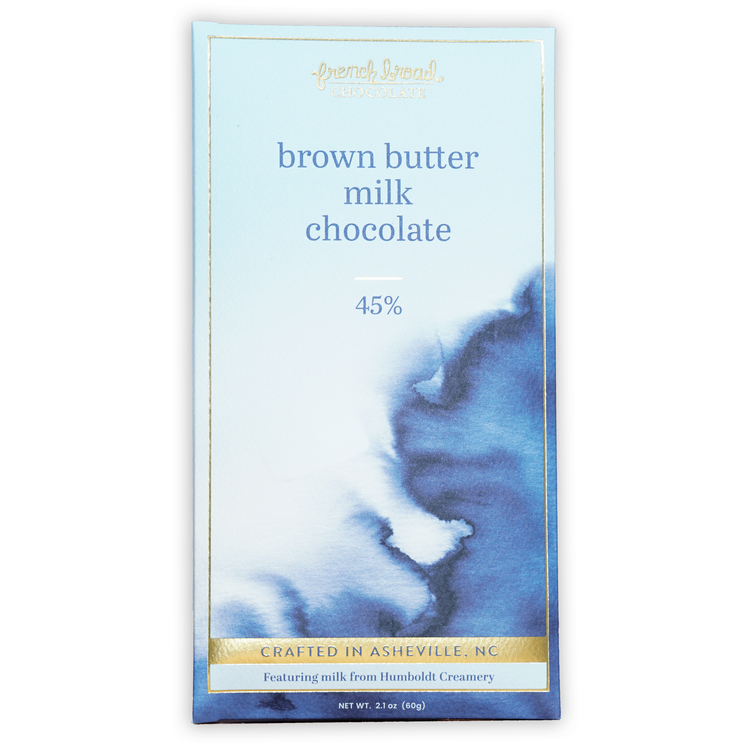 French Broad brown butter milk chocolate bar 45% in blue gold wrapper
