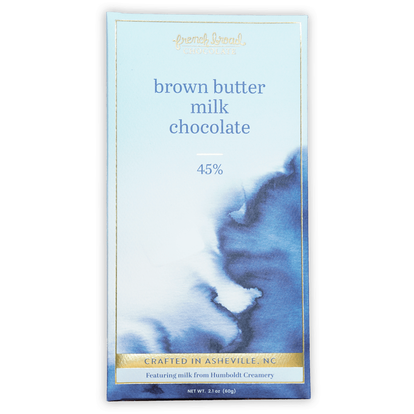 French Broad brown butter milk chocolate bar 45% in blue gold wrapper