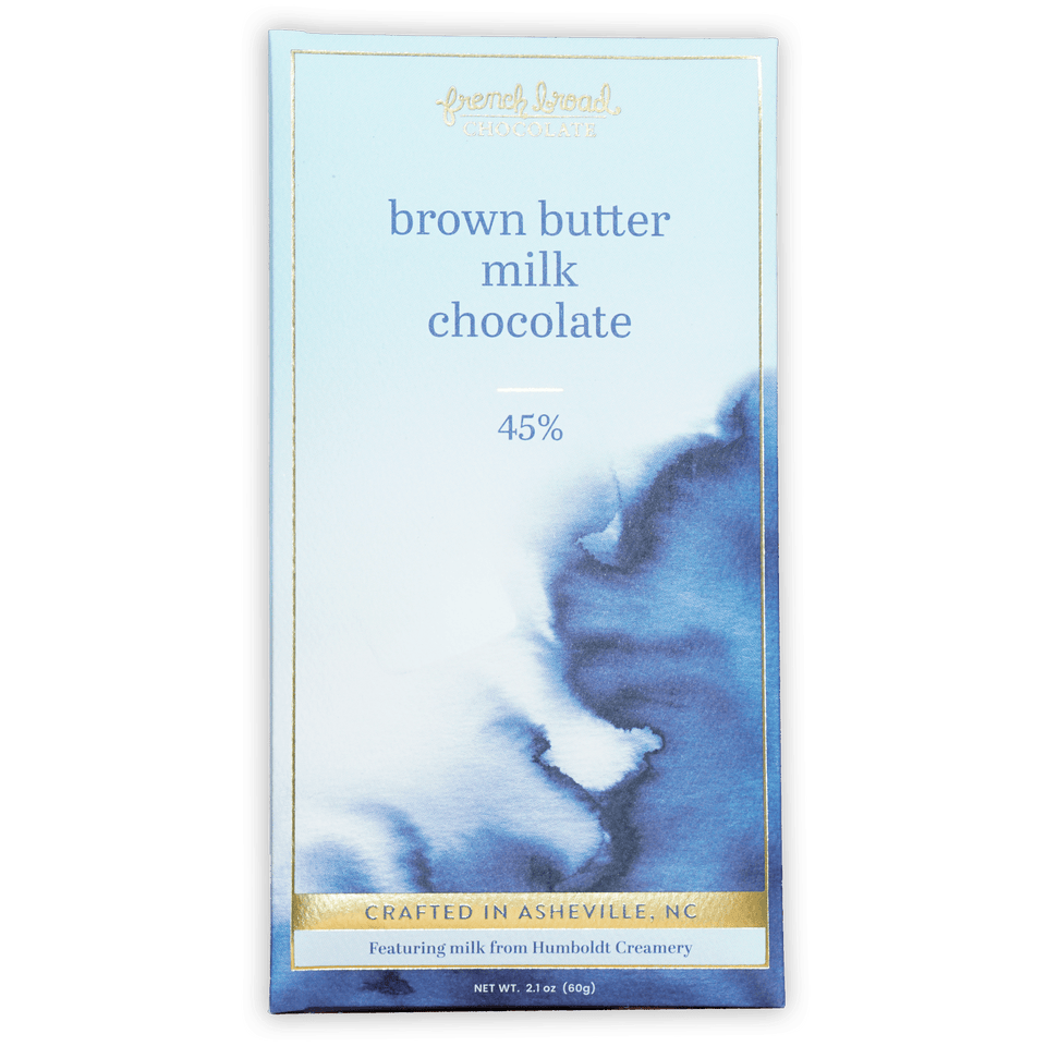 French Broad brown butter milk chocolate bar 45% in blue gold wrapper