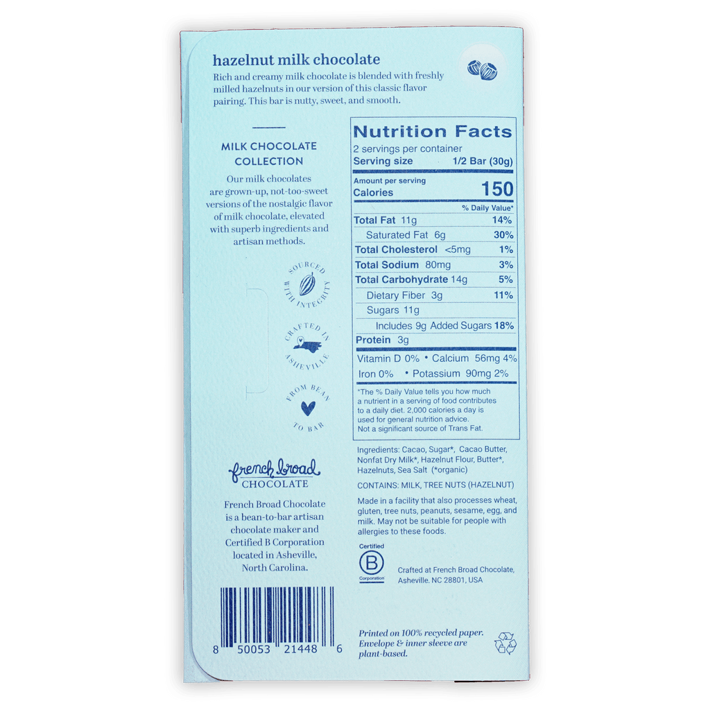 French Broad hazelnut milk chocolate 45% light blue package