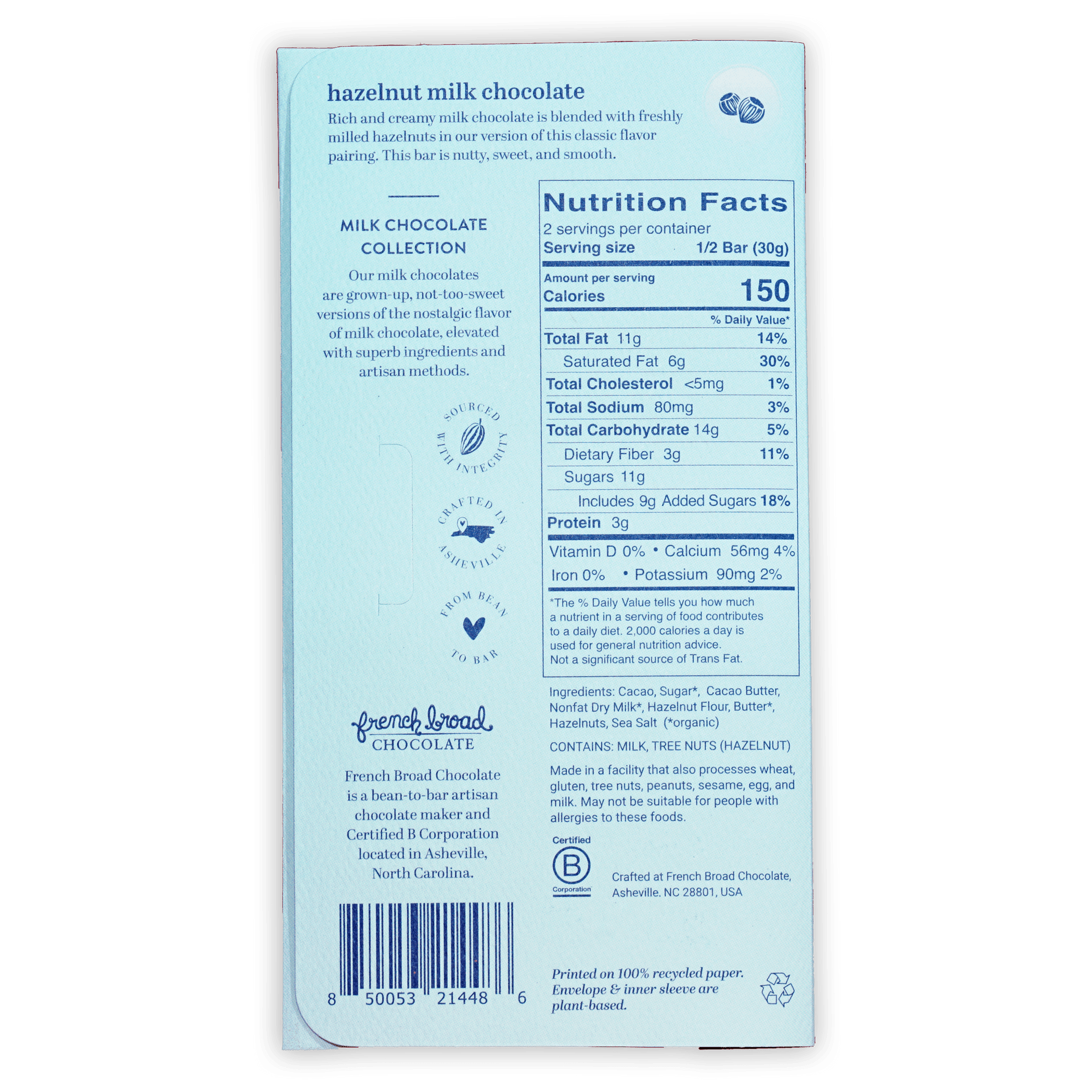 French Broad hazelnut milk chocolate 45% light blue package