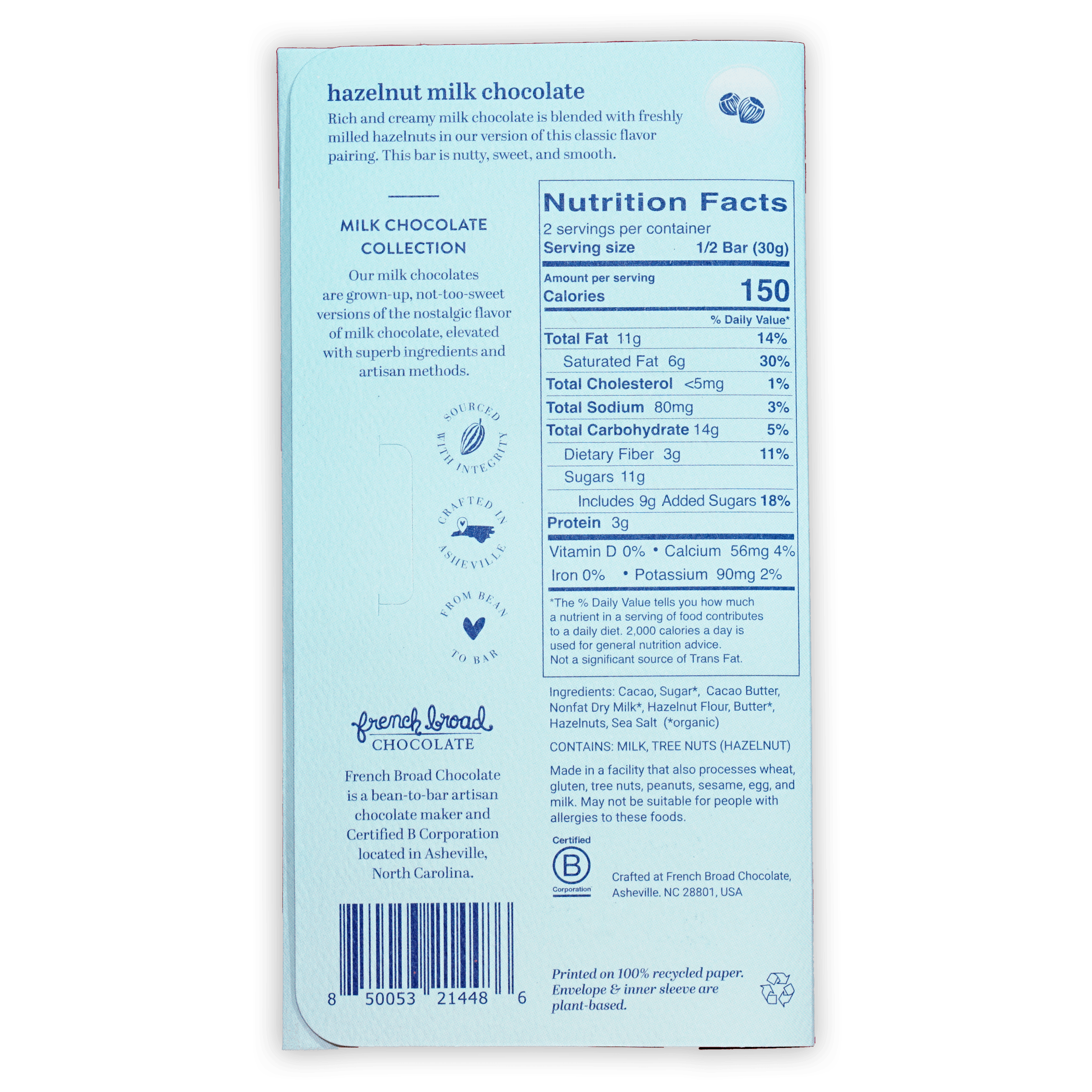 French Broad hazelnut milk chocolate 45% light blue package
