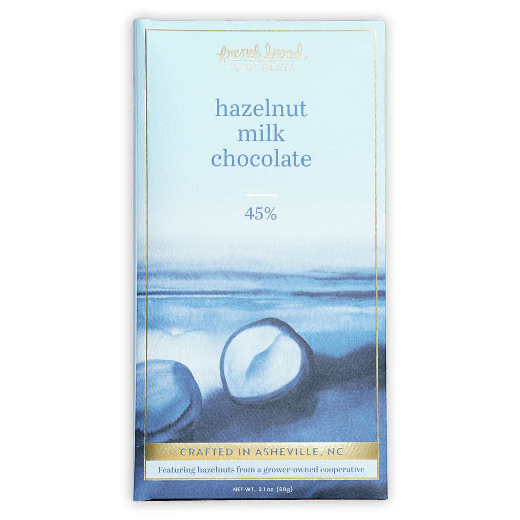 French Broad hazelnut milk chocolate bar 45% cocoa light blue gold trim