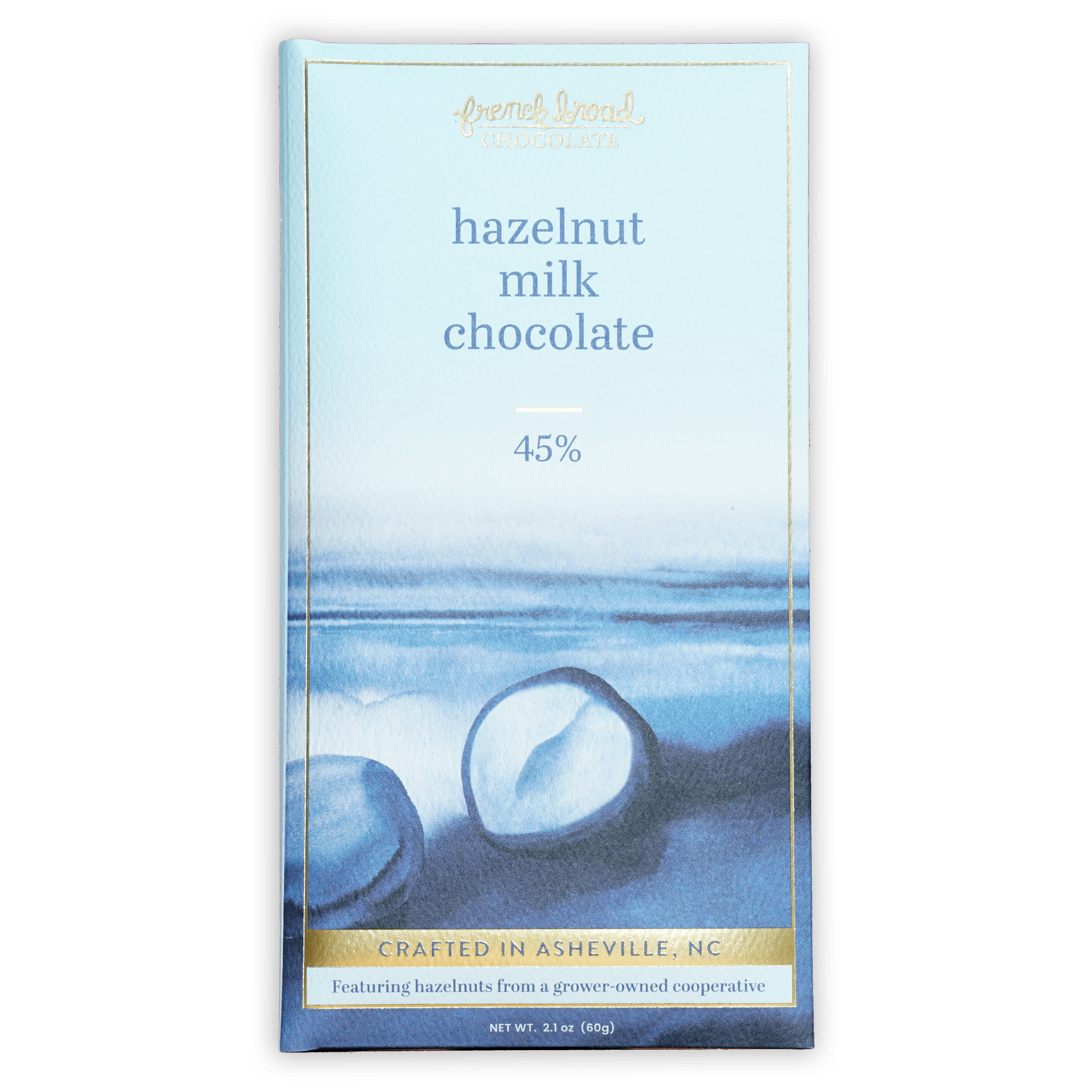 French Broad hazelnut milk chocolate bar 45% cocoa light blue gold trim