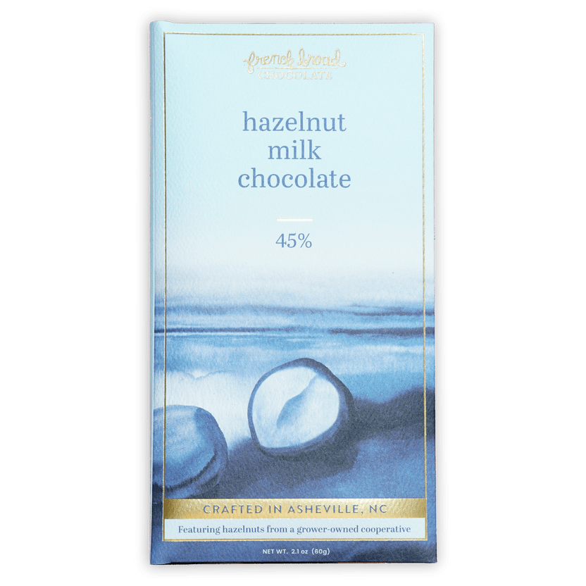 French Broad hazelnut milk chocolate bar 45% cocoa light blue gold trim