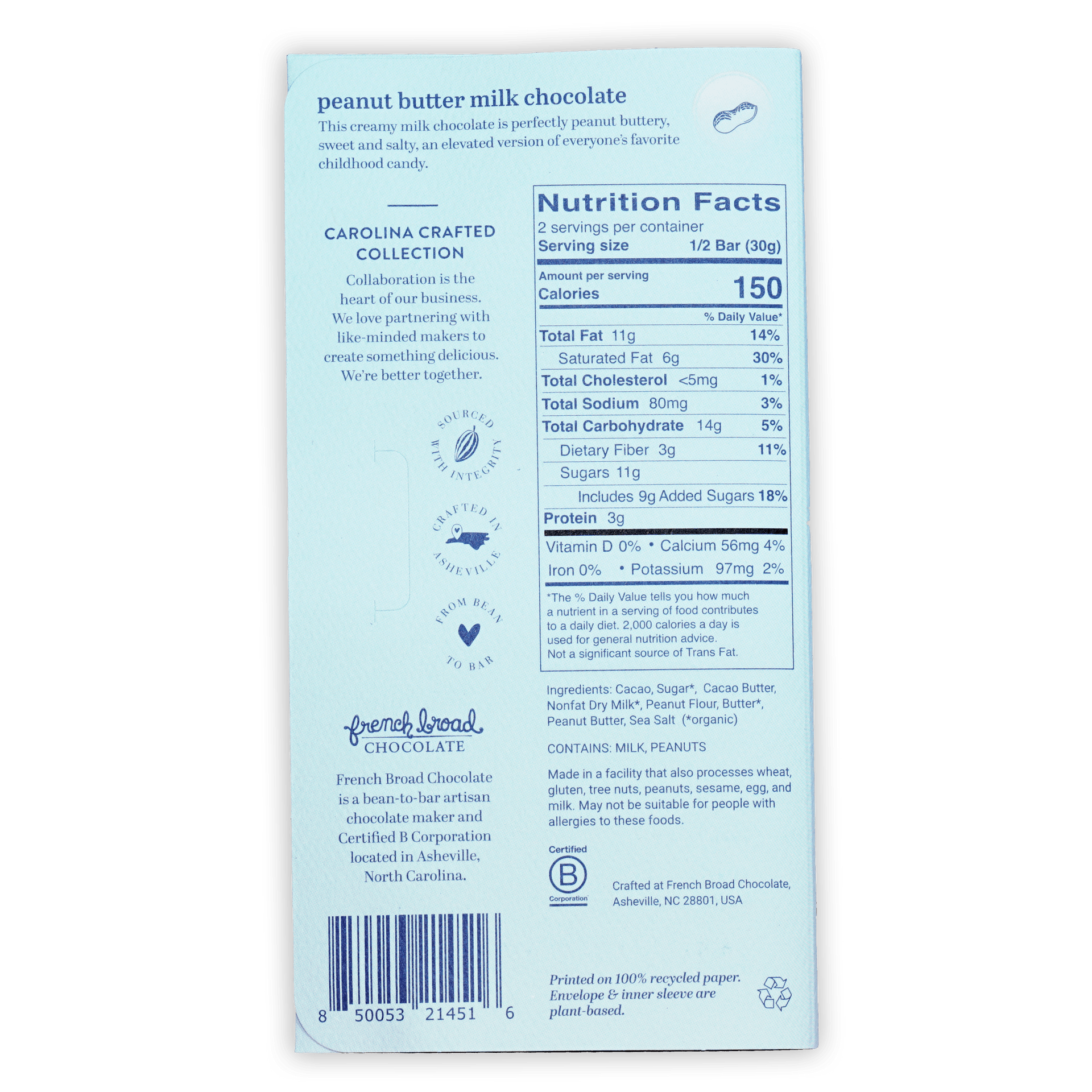 Back of French Broad Milk Chocolate w/ Peanut Butter 45% bar with nutrition facts
