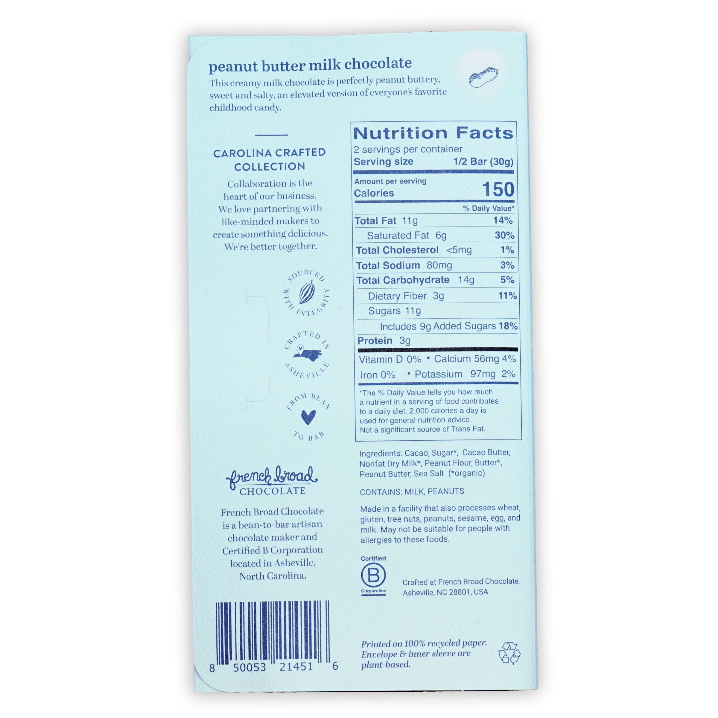 Back of French Broad Milk Chocolate w/ Peanut Butter 45% bar with nutrition facts