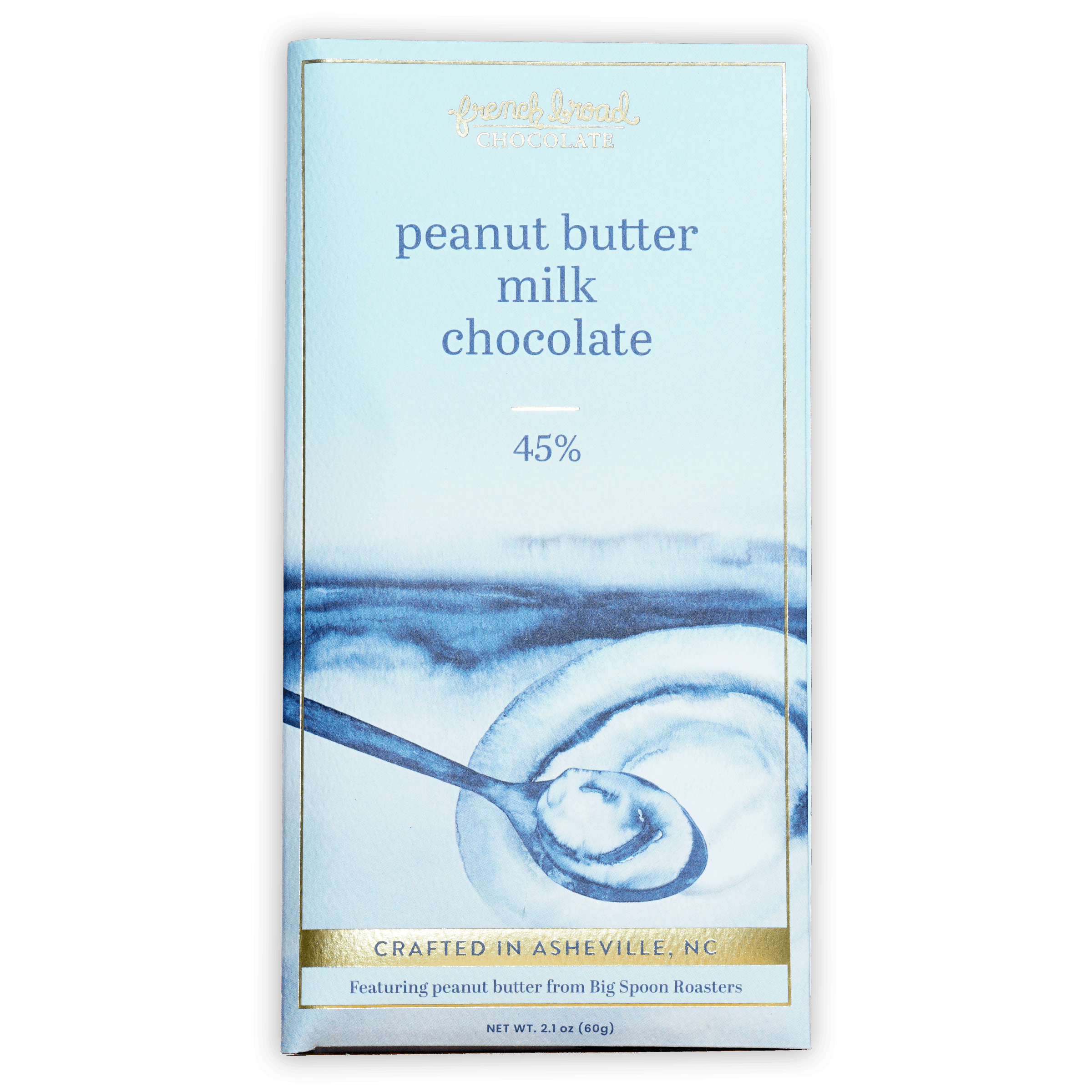 French Broad Milk Chocolate w/ Peanut Butter 45% bar, light blue gold wrap, watercolor peanut butter spoon