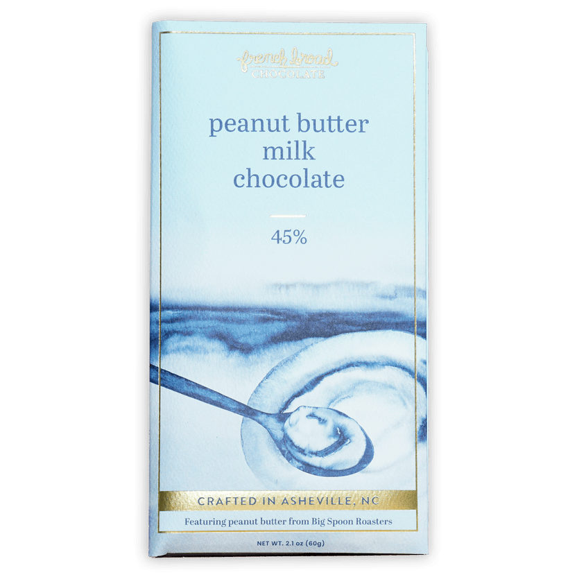 French Broad Milk Chocolate w/ Peanut Butter 45% bar, light blue gold wrap, watercolor peanut butter spoon