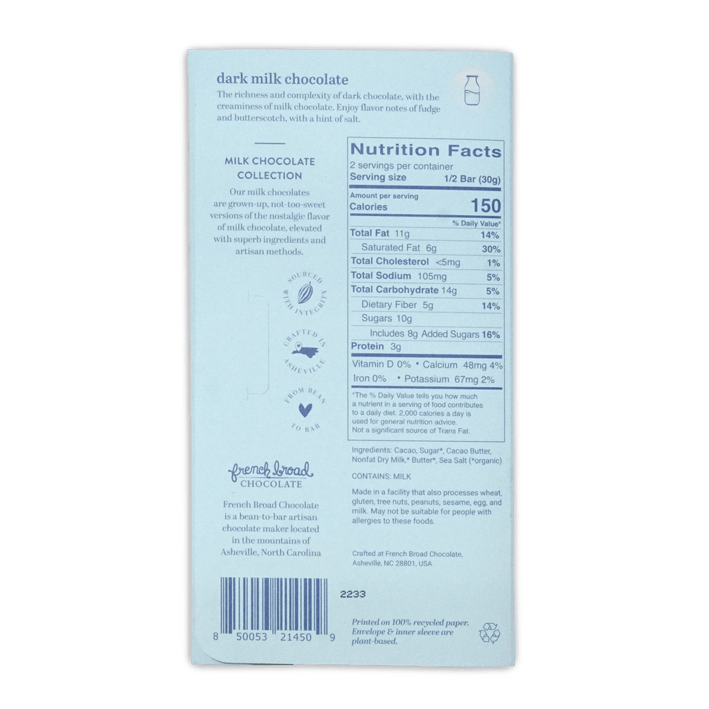 Back of French Broad dark milk chocolate box, pale blue, description, nutrition facts and ingredients