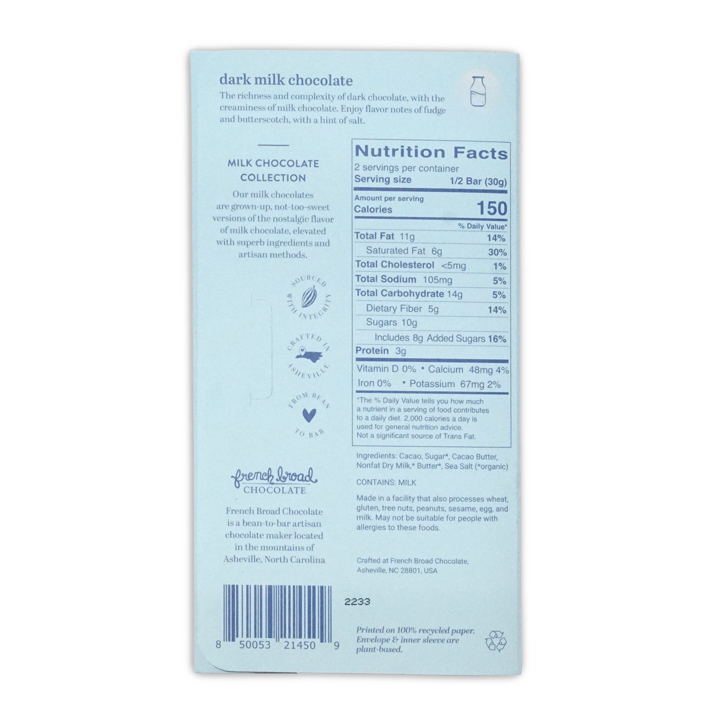 Back of French Broad dark milk chocolate box, pale blue, description, nutrition facts and ingredients