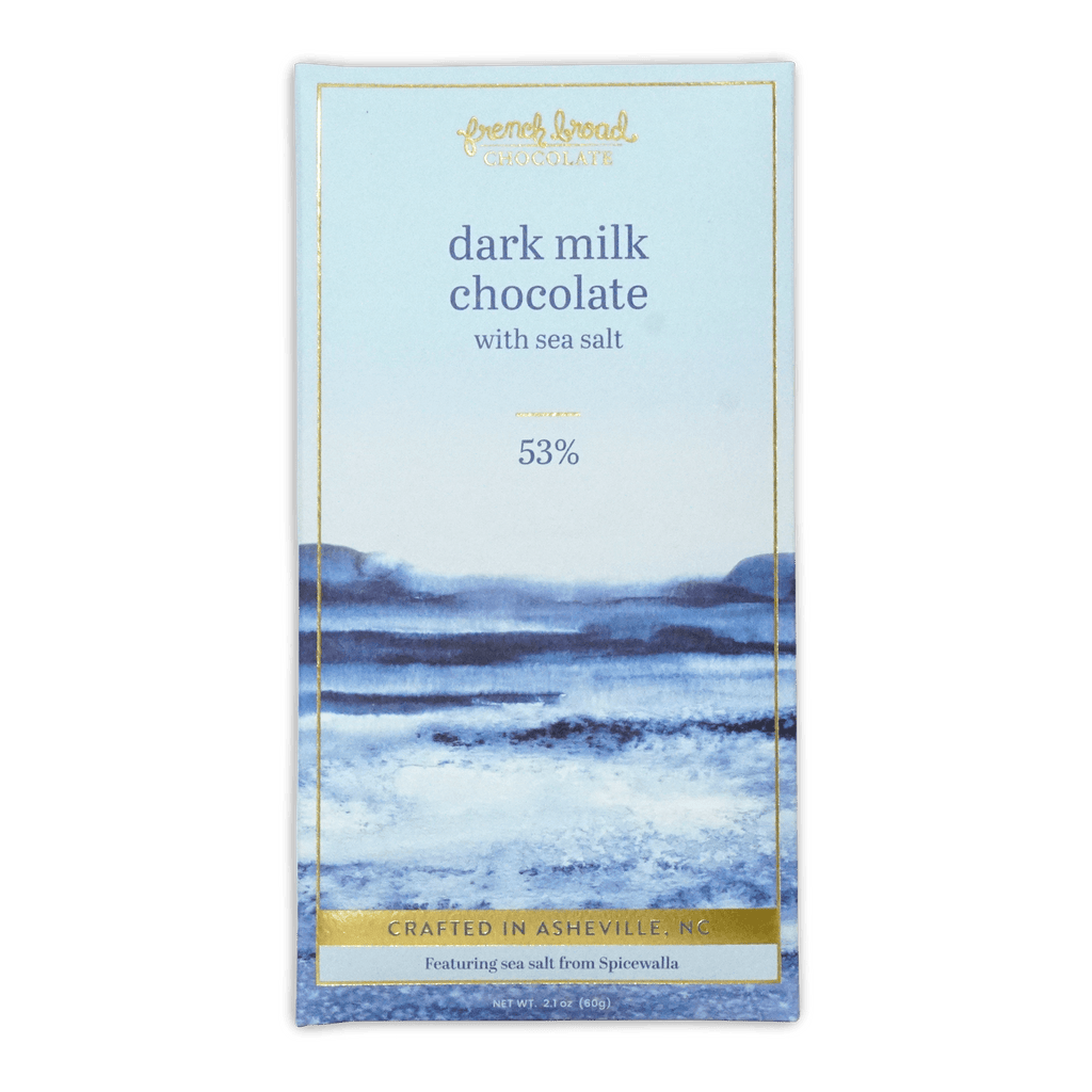 French Broad Chocolate dark milk chocolate with sea salt 53% box, blue watercolor landscape, 2.1oz 60g