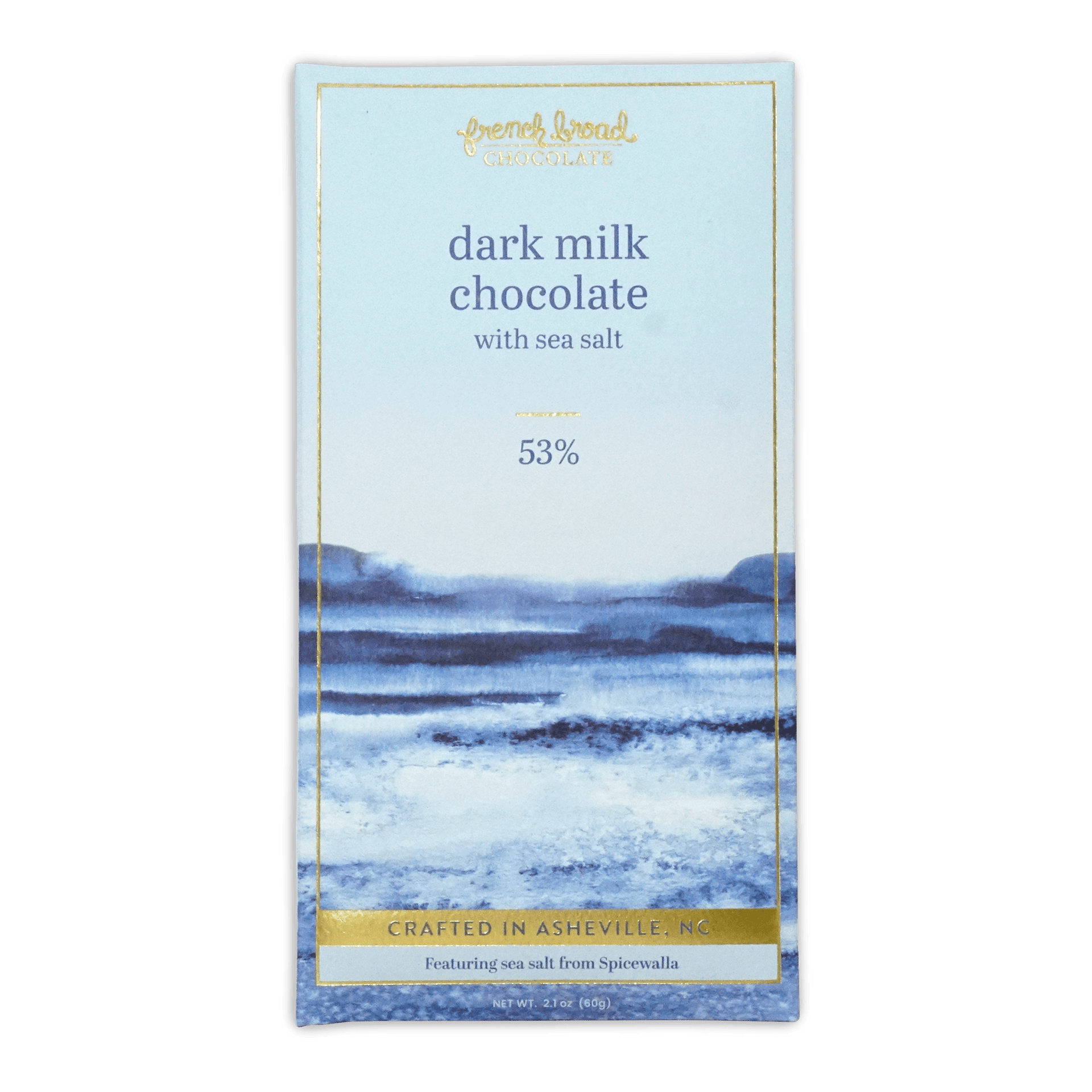 French Broad Chocolate dark milk chocolate with sea salt 53% box, blue watercolor landscape, 2.1oz 60g