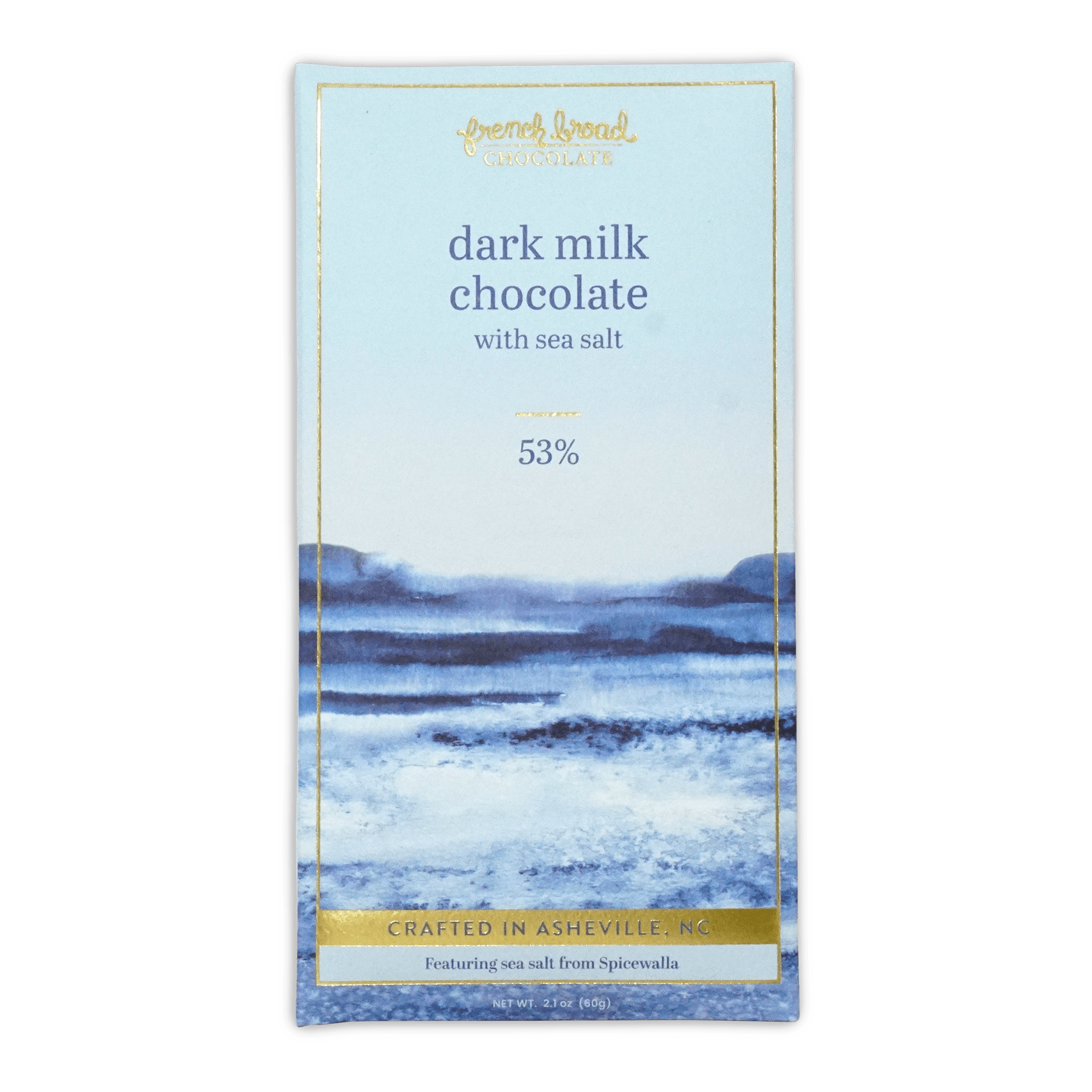 French Broad Chocolate dark milk chocolate with sea salt 53% box, blue watercolor landscape, 2.1oz 60g