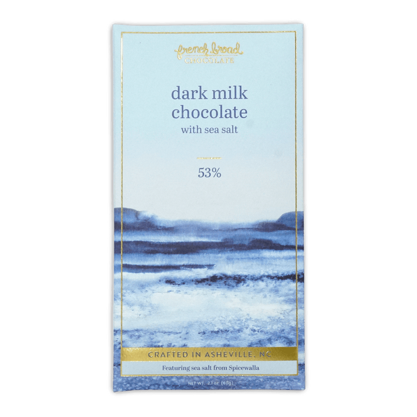 French Broad Chocolate dark milk chocolate with sea salt 53% box, blue watercolor landscape, 2.1oz 60g