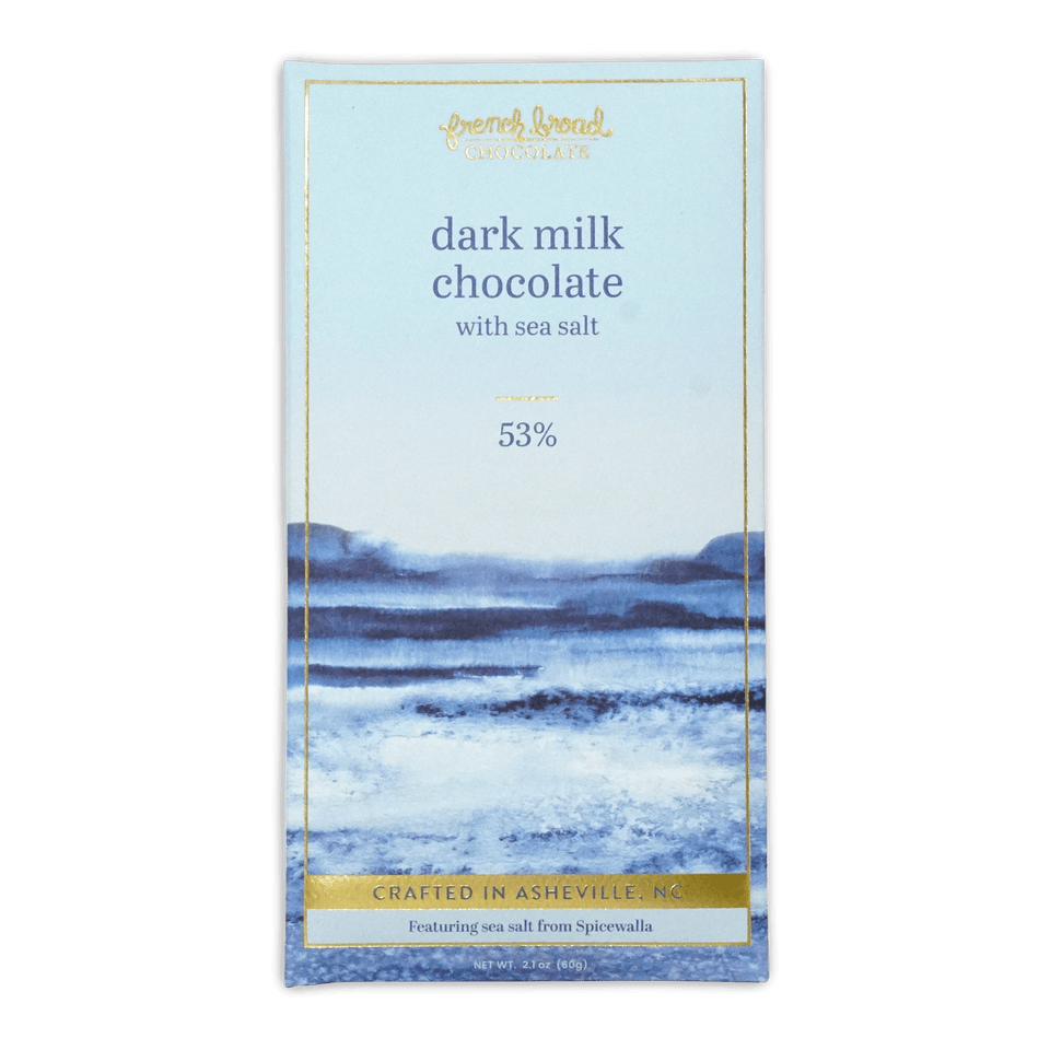 French Broad Chocolate dark milk chocolate with sea salt 53% box, blue watercolor landscape, 2.1oz 60g