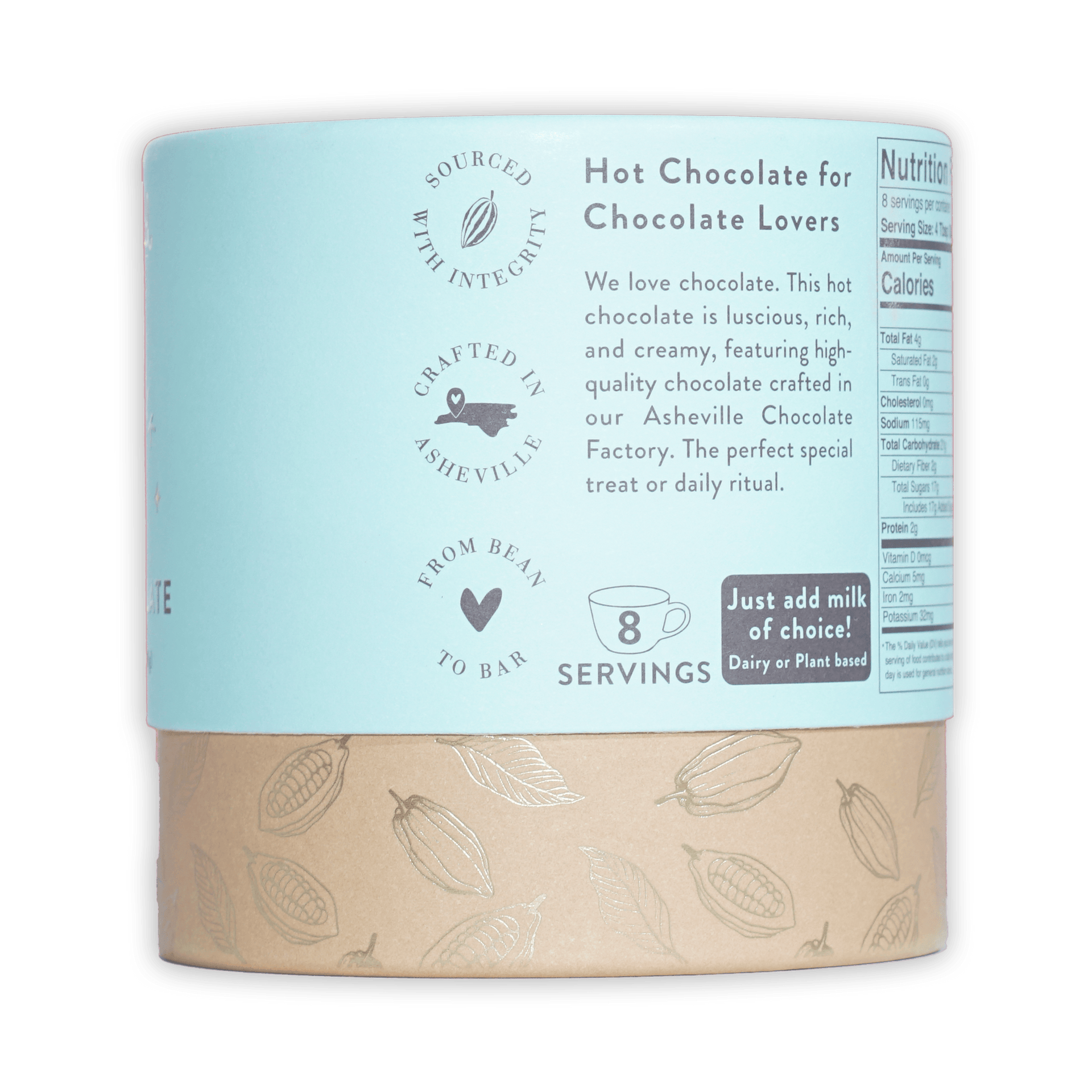 French Broad Milk Hot Chocolate Mix light blue cylindrical can with cocoa pod band