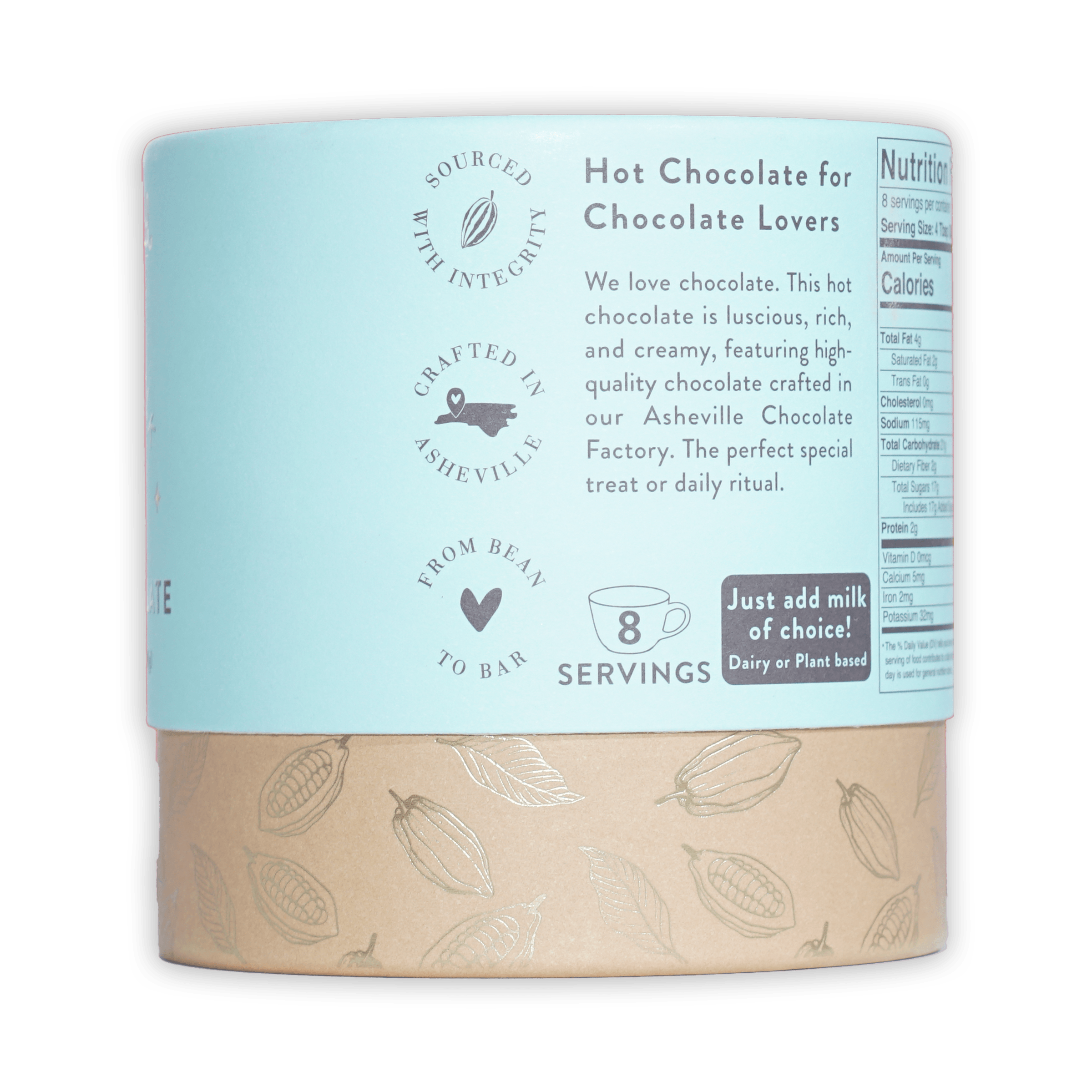 French Broad Milk Hot Chocolate Mix light blue cylindrical can with cocoa pod band