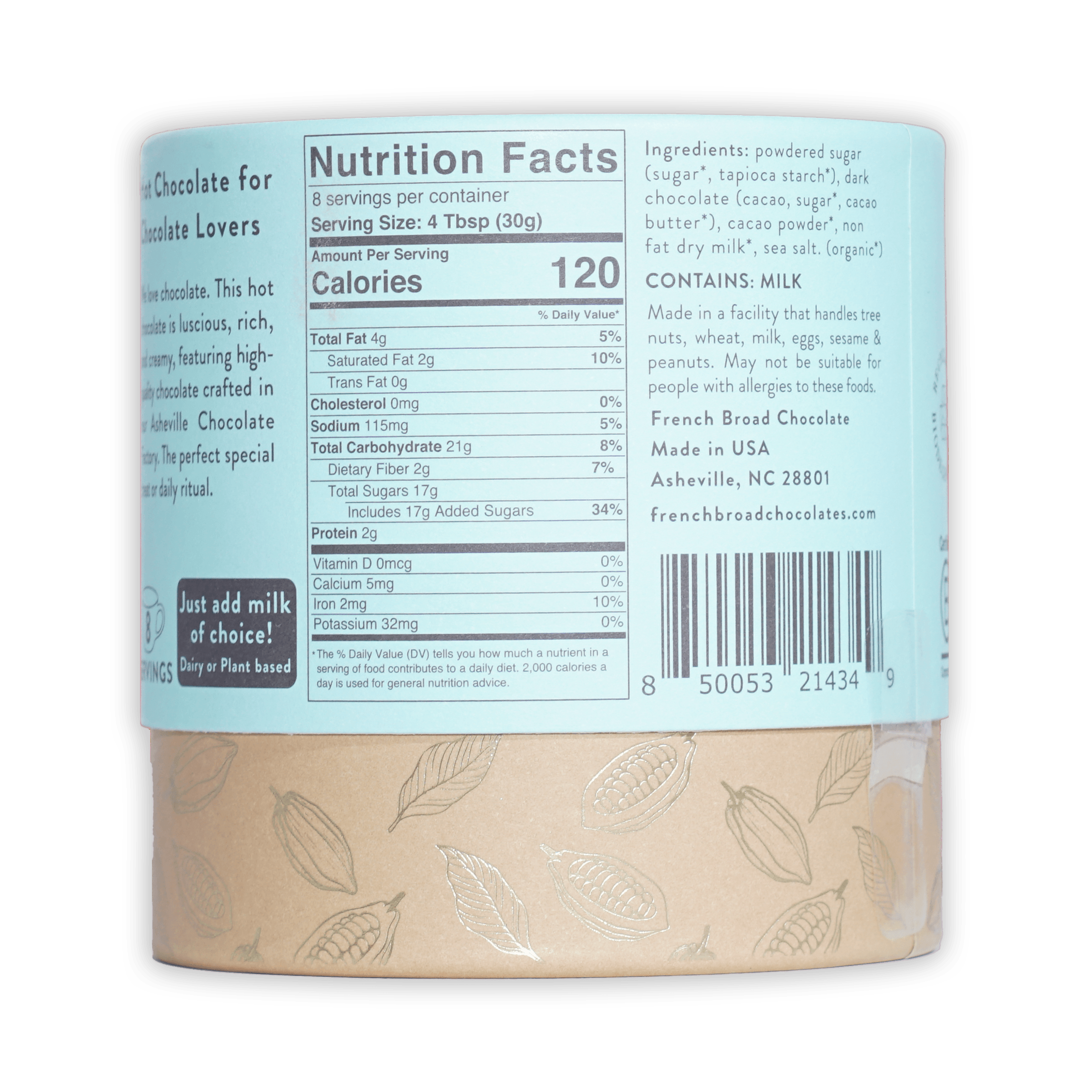 French Broad Milk Hot Chocolate Mix light beige matte cylinder with silver cocoa pod leaf patterns