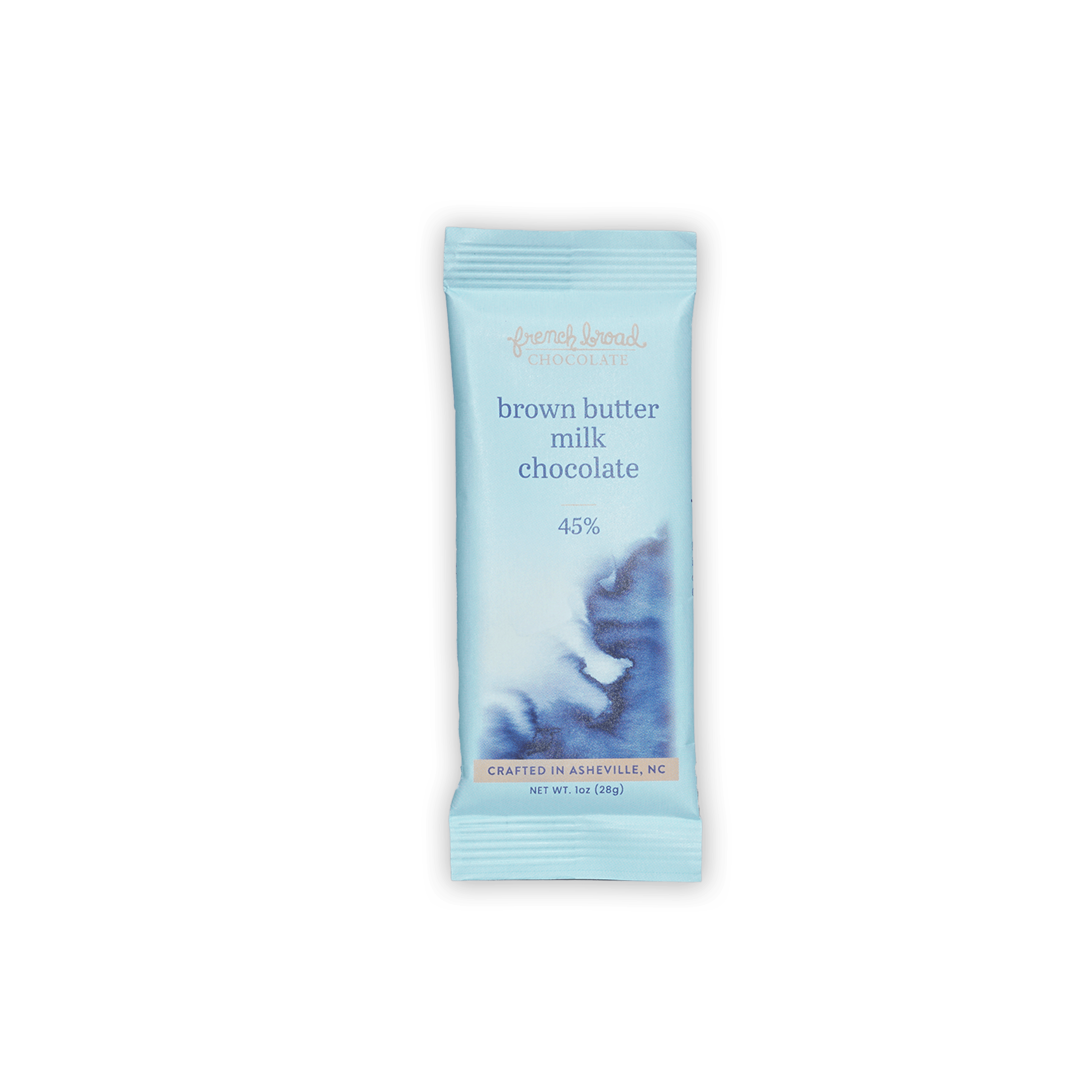 French Broad Mini Bars Brown Butter Milk 45% light blue wrapped bar