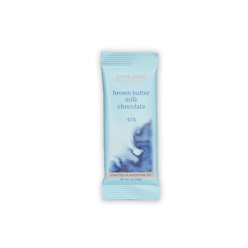 French Broad Mini Bars Brown Butter Milk 45% light blue wrapped bar