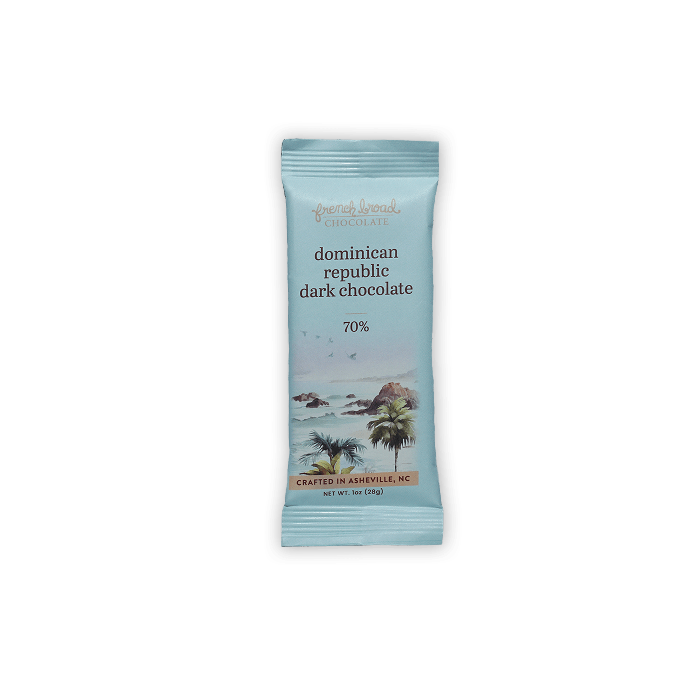 French Broad Mini Bars Dominican Republic 70% light blue wrapped dark chocolate bar