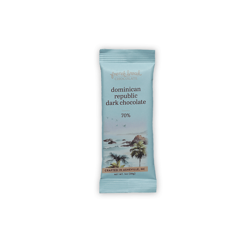 French Broad Mini Bars Dominican Republic 70% light blue wrapped dark chocolate bar