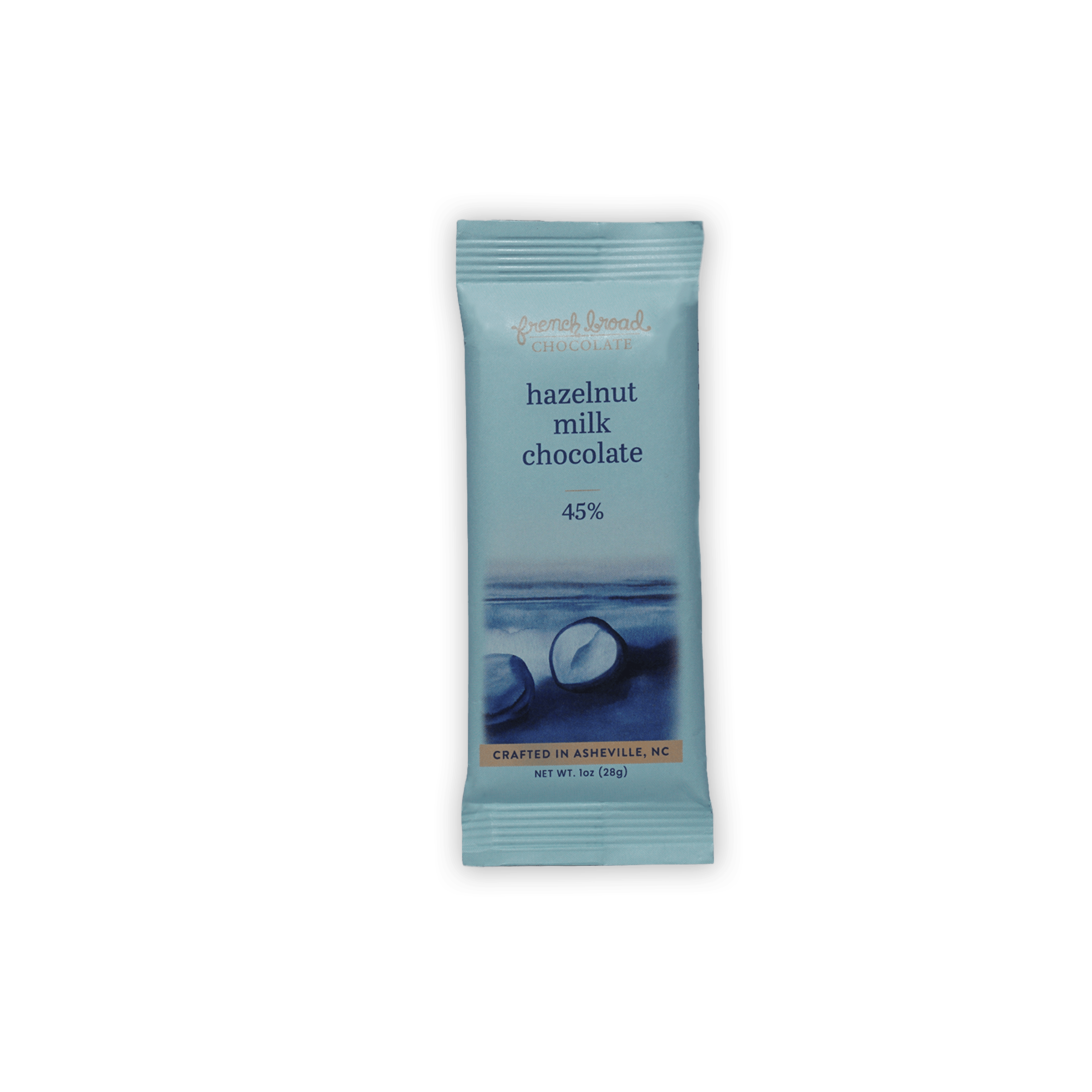 French Broad Mini Bars Hazelnut Milk 45% light blue wrapped bar