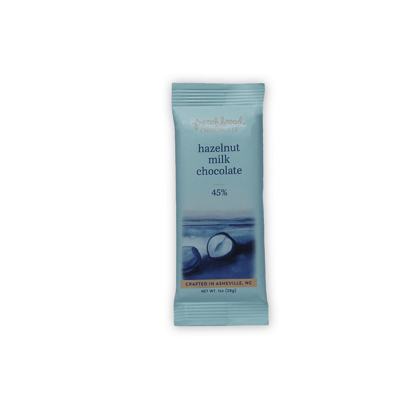 French Broad Mini Bars Hazelnut Milk 45% light blue wrapped bar