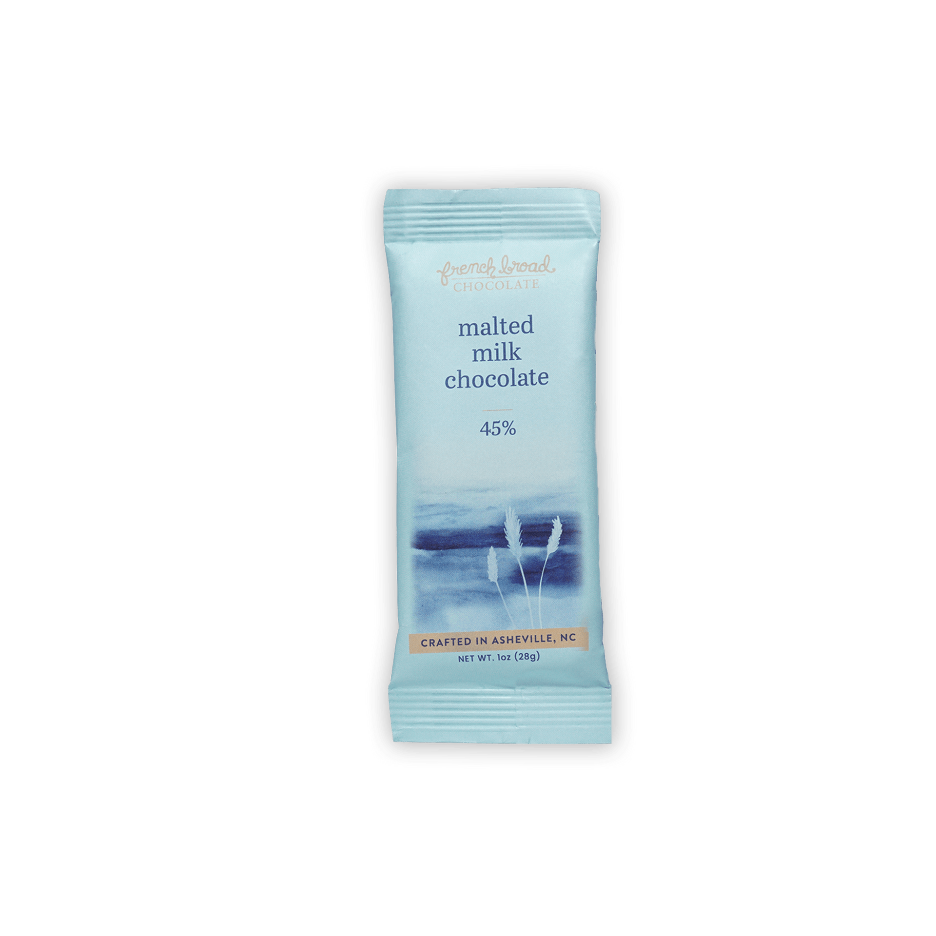 French Broad Mini Bars Malted Milk 45% light blue wrapped bar