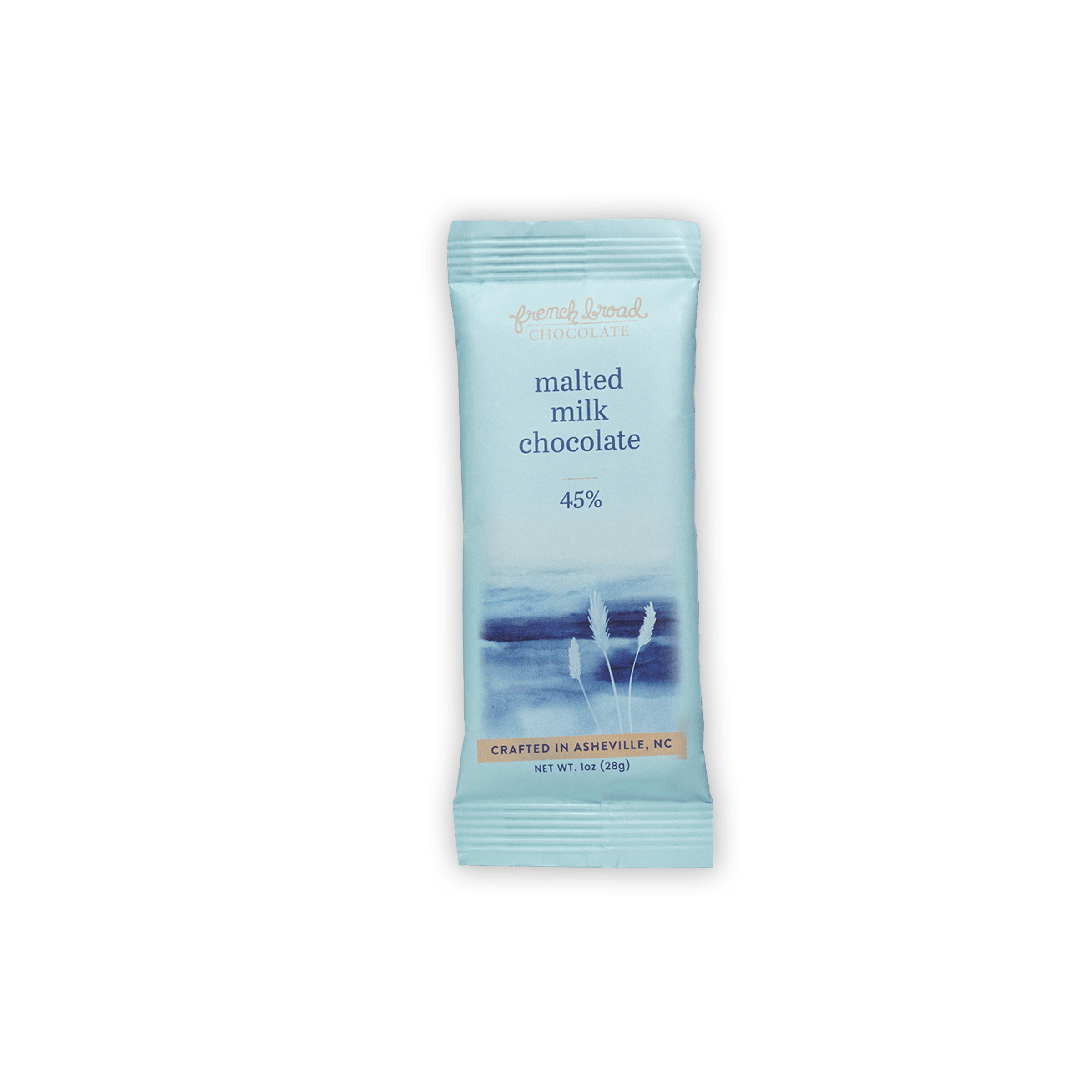 French Broad Mini Bars Malted Milk 45% light blue wrapped bar