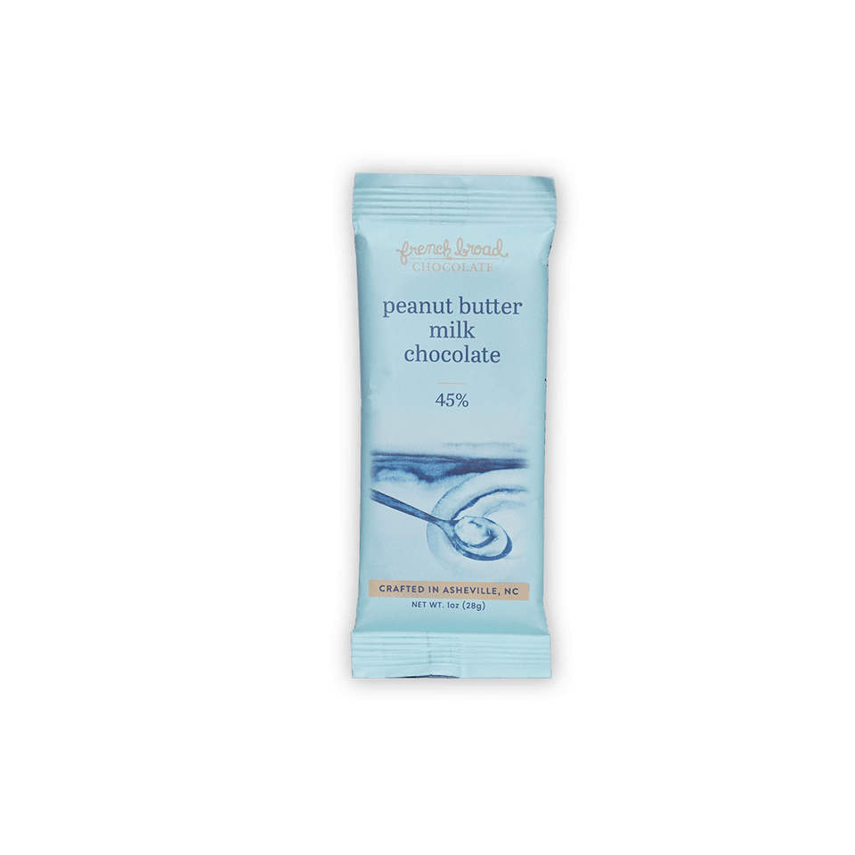 French Broad Mini Bars Peanut Butter Milk 45% light blue sealed wrapper
