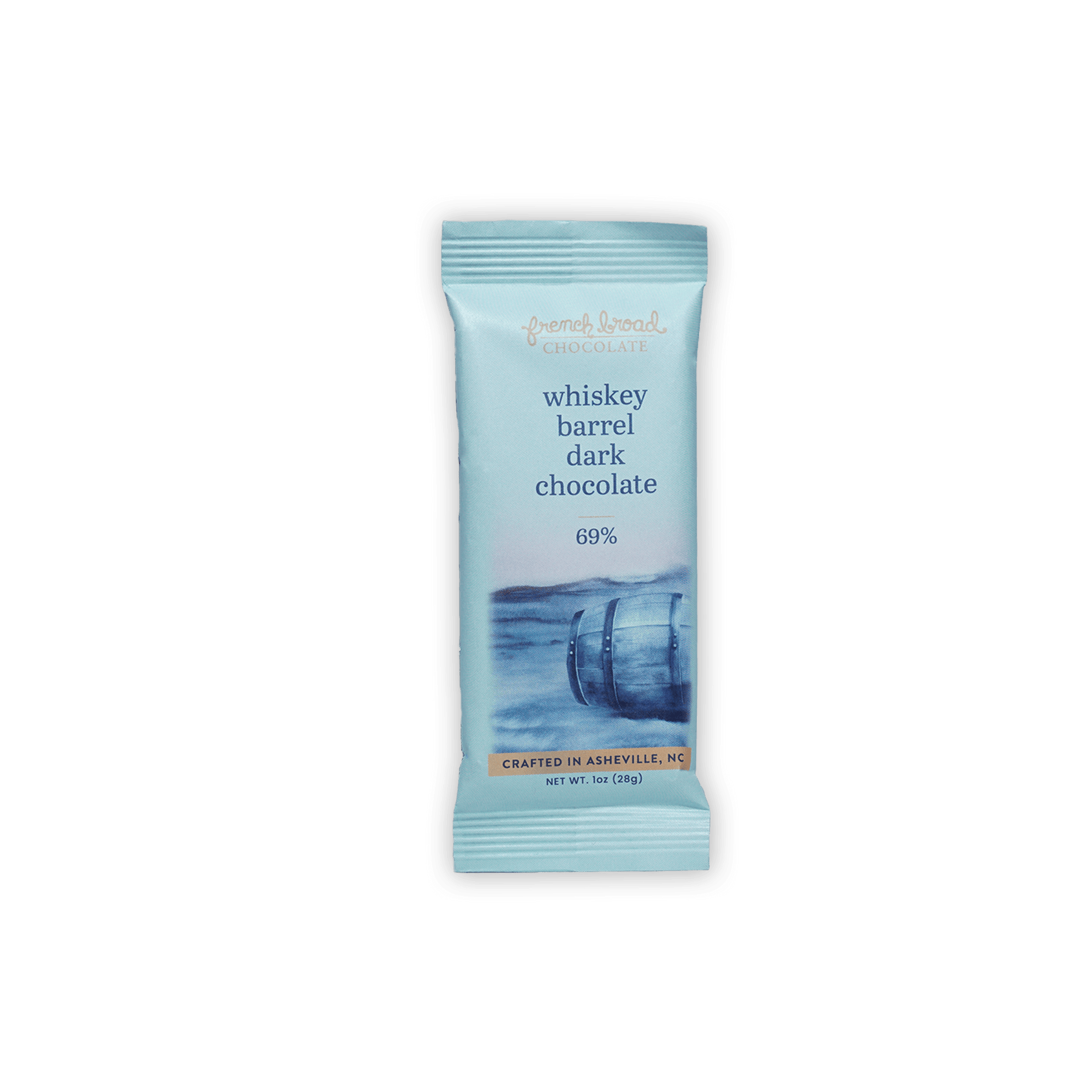 French Broad Whiskey Barrel 69% dark chocolate mini bar, light blue wrap