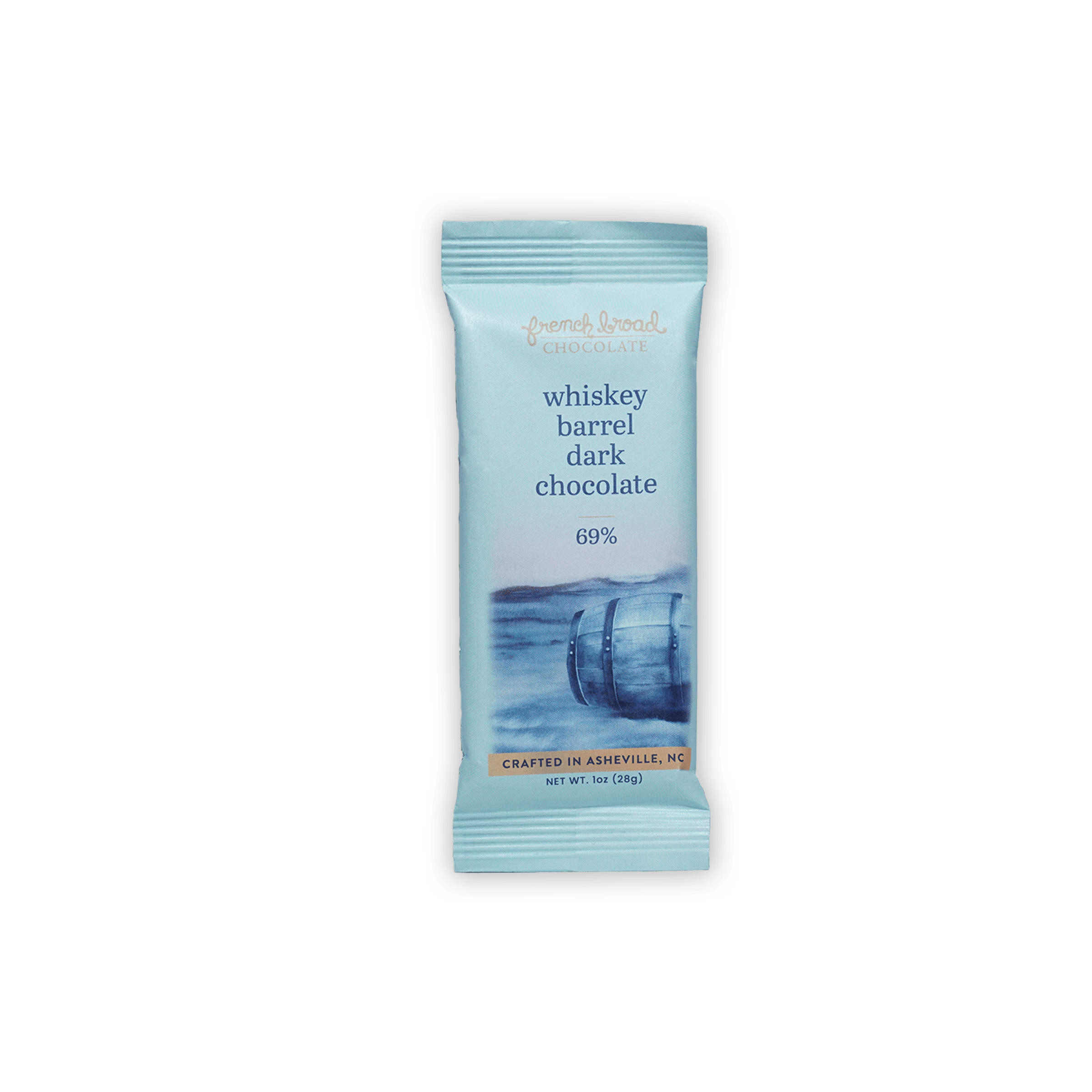 French Broad Whiskey Barrel 69% dark chocolate mini bar, light blue wrap