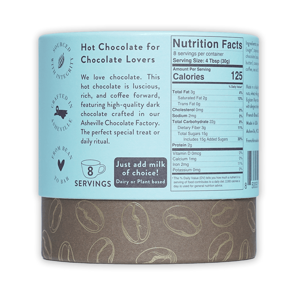 French Broad Mocha Hot Chocolate light blue cylindrical can with gold coffee beans
