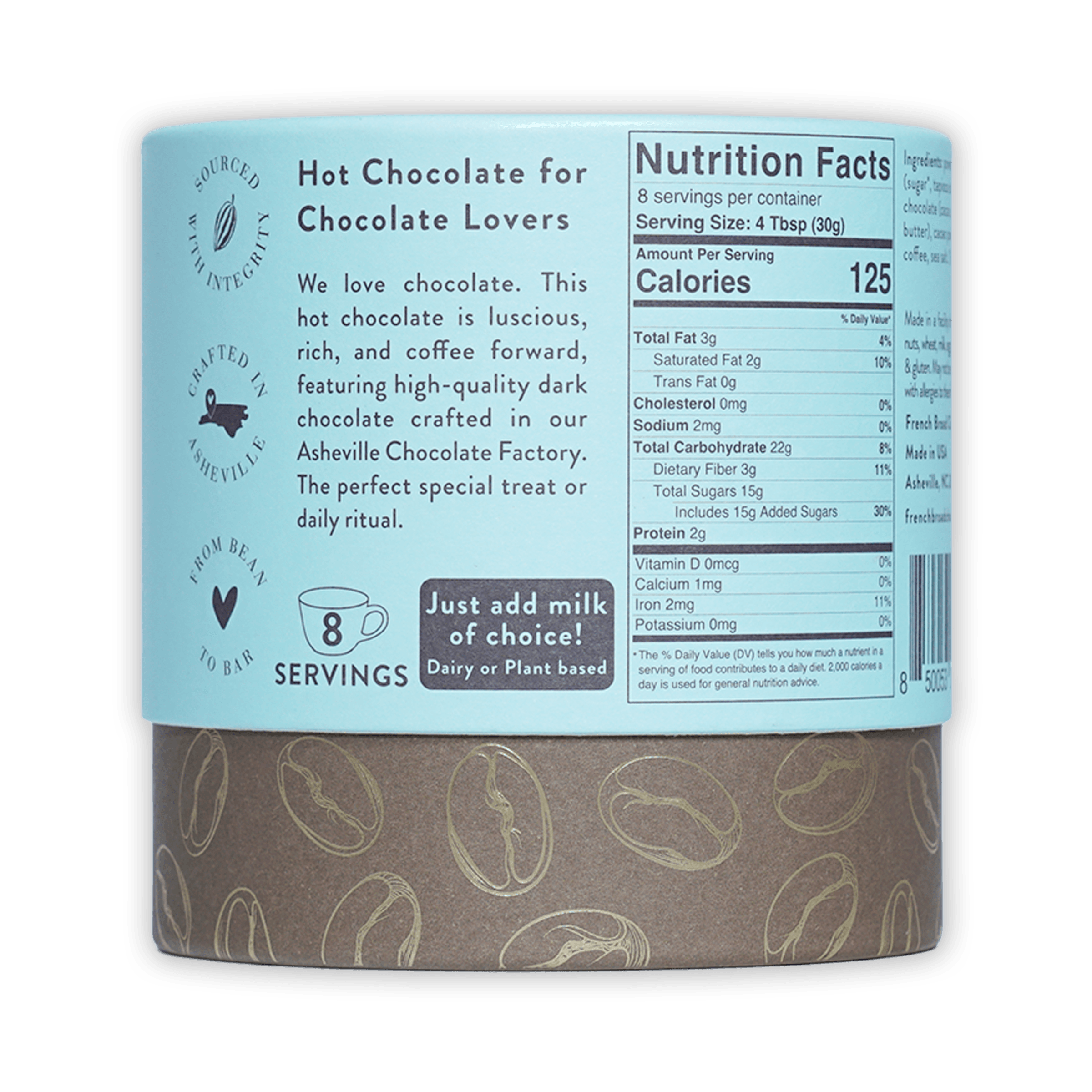 French Broad Mocha Hot Chocolate light blue cylindrical can with gold coffee beans