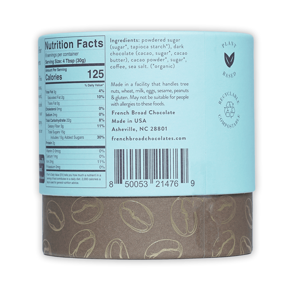 French Broad Mocha Hot Chocolate plant-based light blue cylindrical can with brown base and gold coffee beans