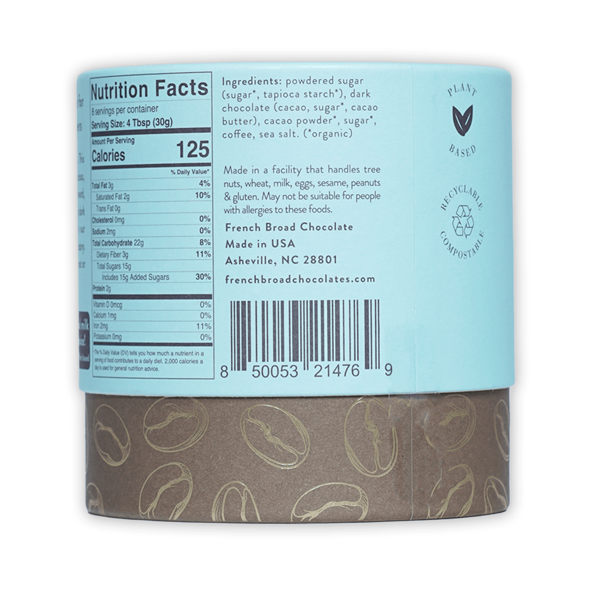 French Broad Mocha Hot Chocolate plant-based light blue cylindrical can with brown base and gold coffee beans