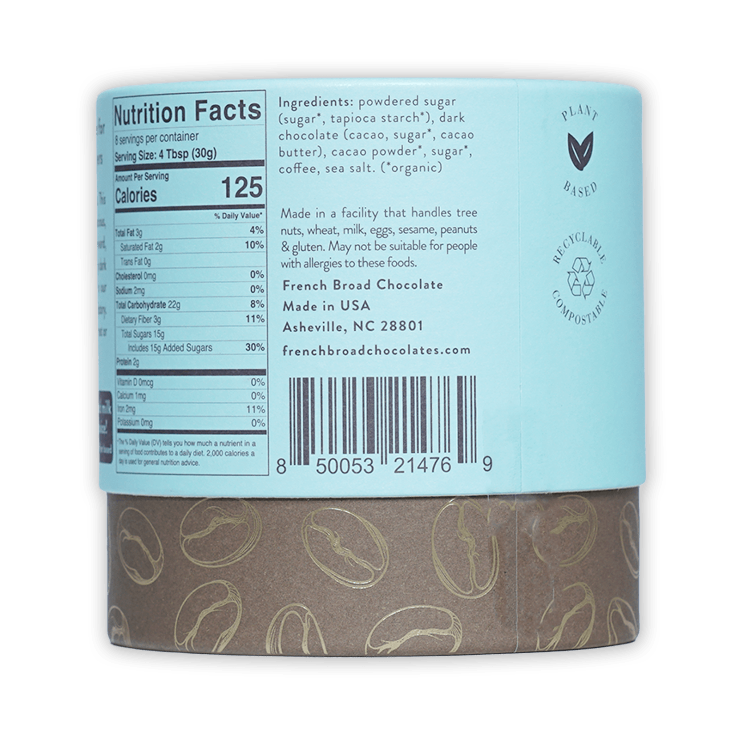 French Broad Mocha Hot Chocolate plant-based light blue cylindrical can with brown base and gold coffee beans