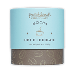 French Broad Mocha Hot Chocolate in blue-brown canister with coffee beans