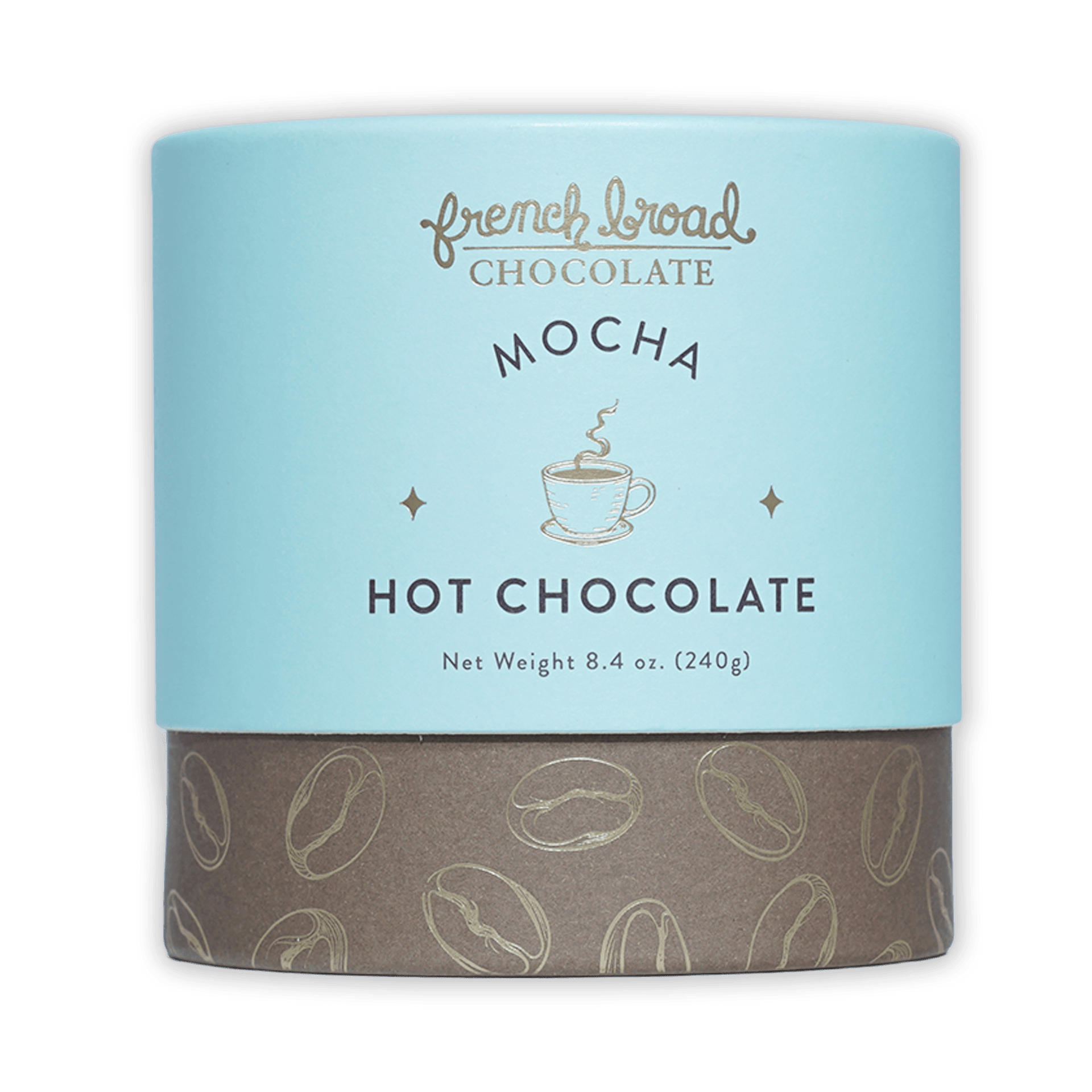 French Broad Mocha Hot Chocolate in blue-brown canister with coffee beans