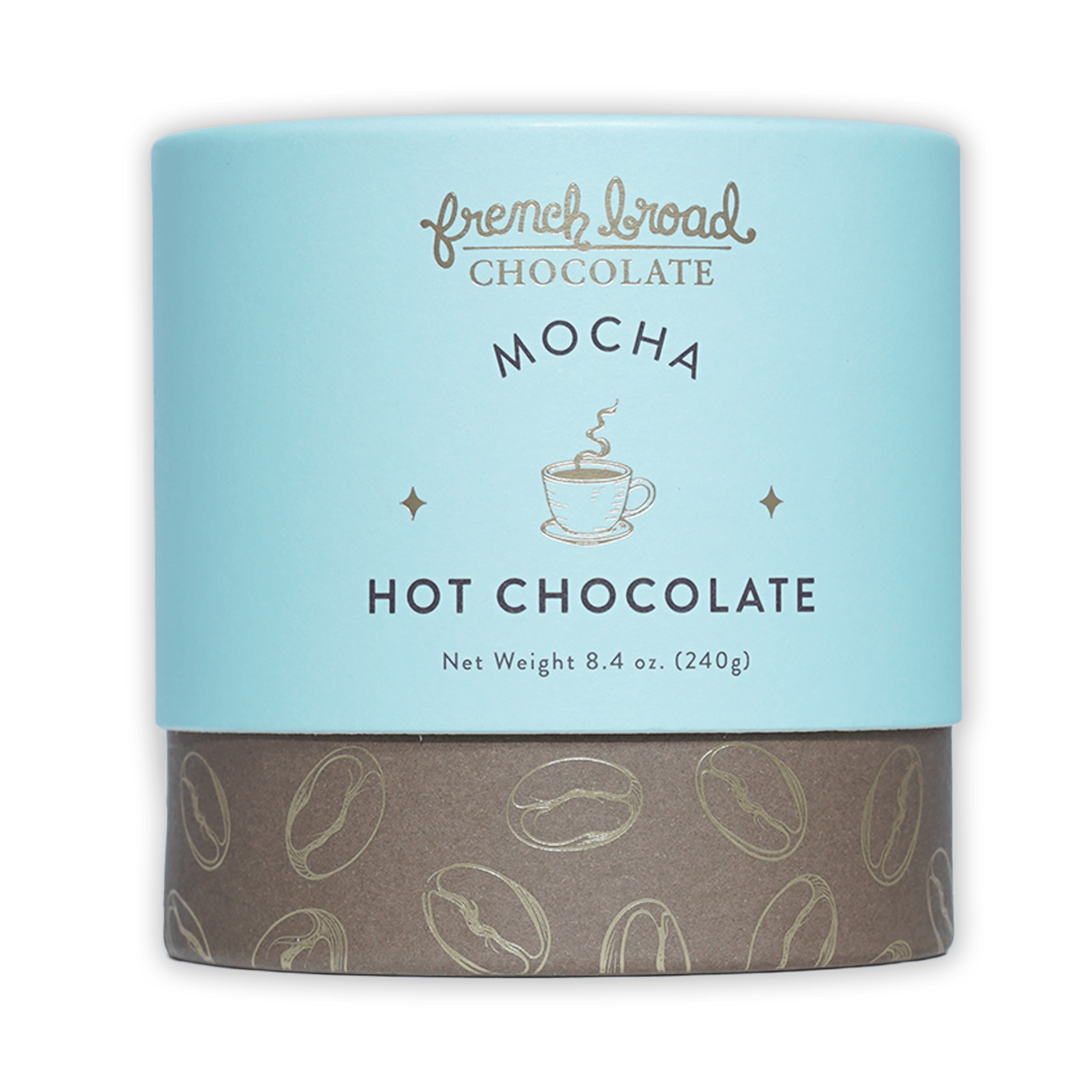 French Broad Mocha Hot Chocolate in blue-brown canister with coffee beans